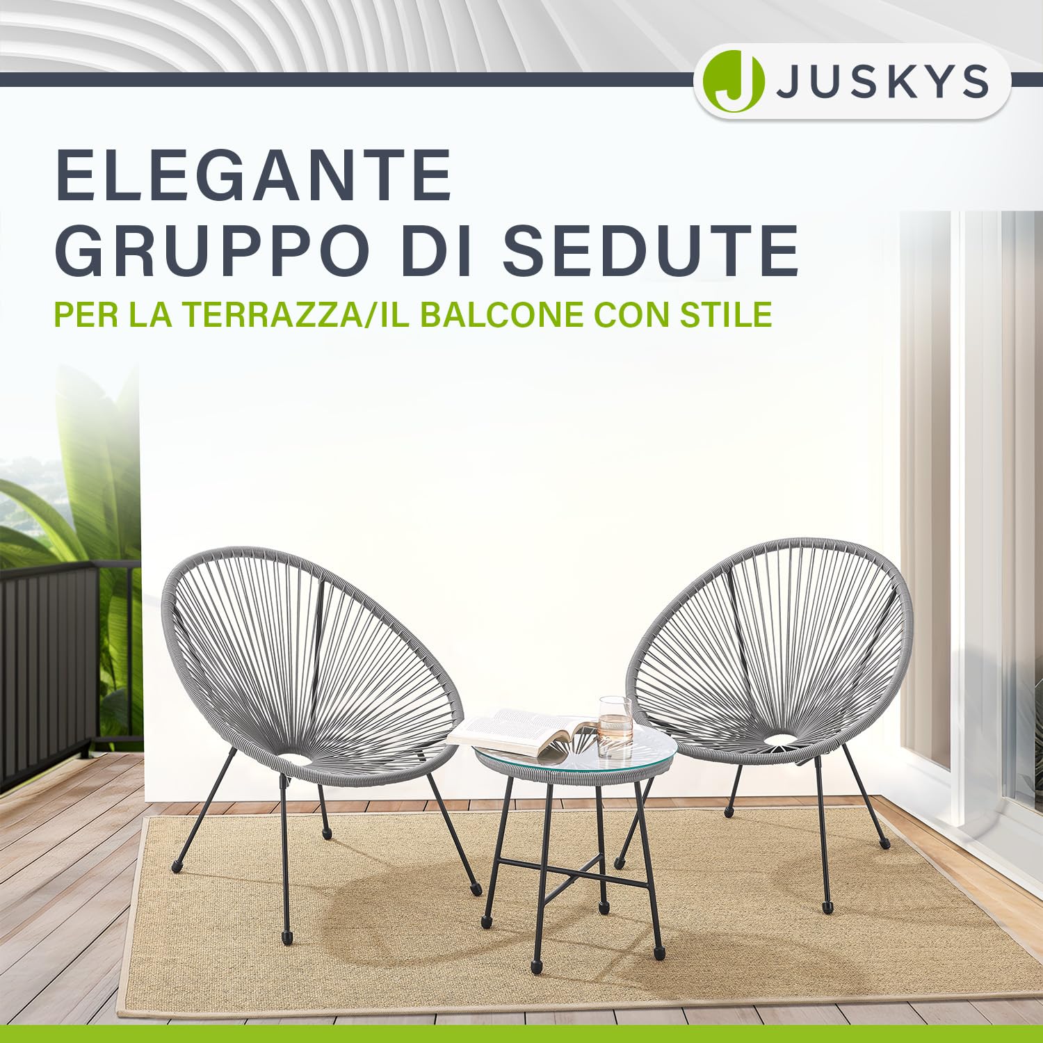Juskys Set di mobili da balcone Ostana 3 pezzi - Tavolo e 2 poltrone - Elegante gruppo di seduta per balcone, terrazza e giardino - Set di mobili da giardino per balcone Grigio chiaro
