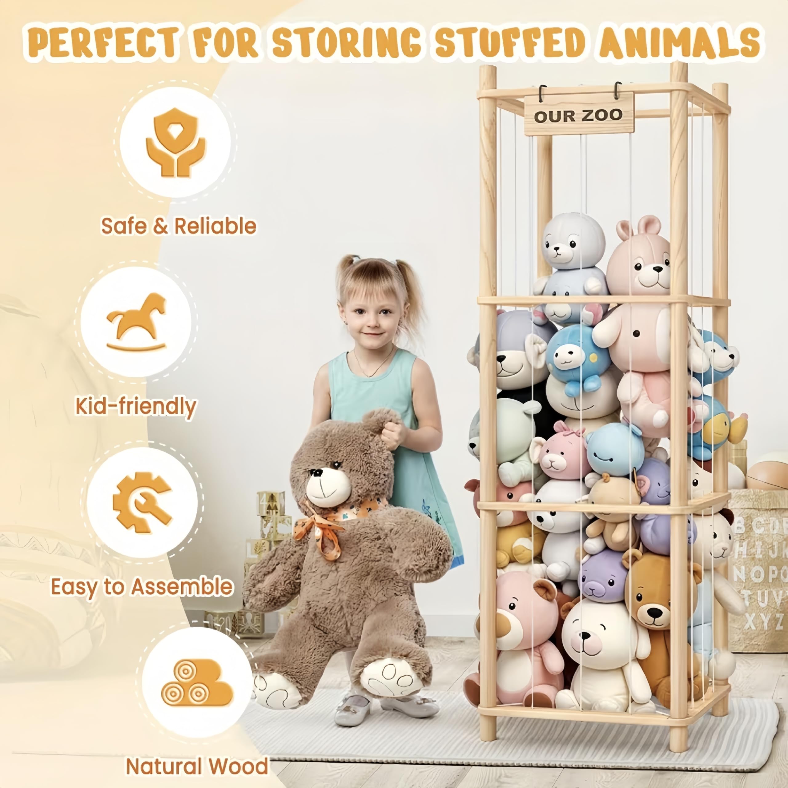 Estantería Organizadora de Peluches en Madera de Pino Natural - Almacenaje de Juguetes para Niños y Niñas 40x40x136 cm - Diseño Creativo Que Ahorra Espacio Ideal para Sala de Juegos