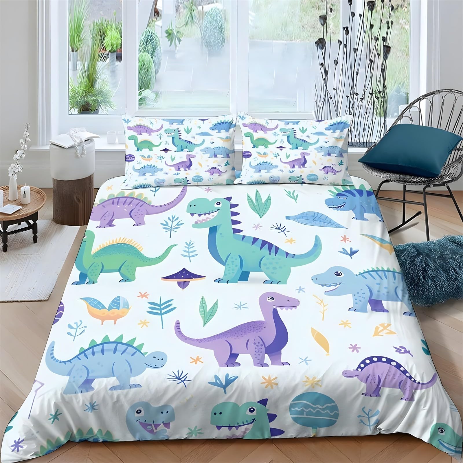 Ypthriline Single Duvet Cover Set Dinosaur Bedding Set Microfiber Blue-Violet Duvet Covers with Pillowcases Reversible Bedding With Zipper Closure 135x200CM