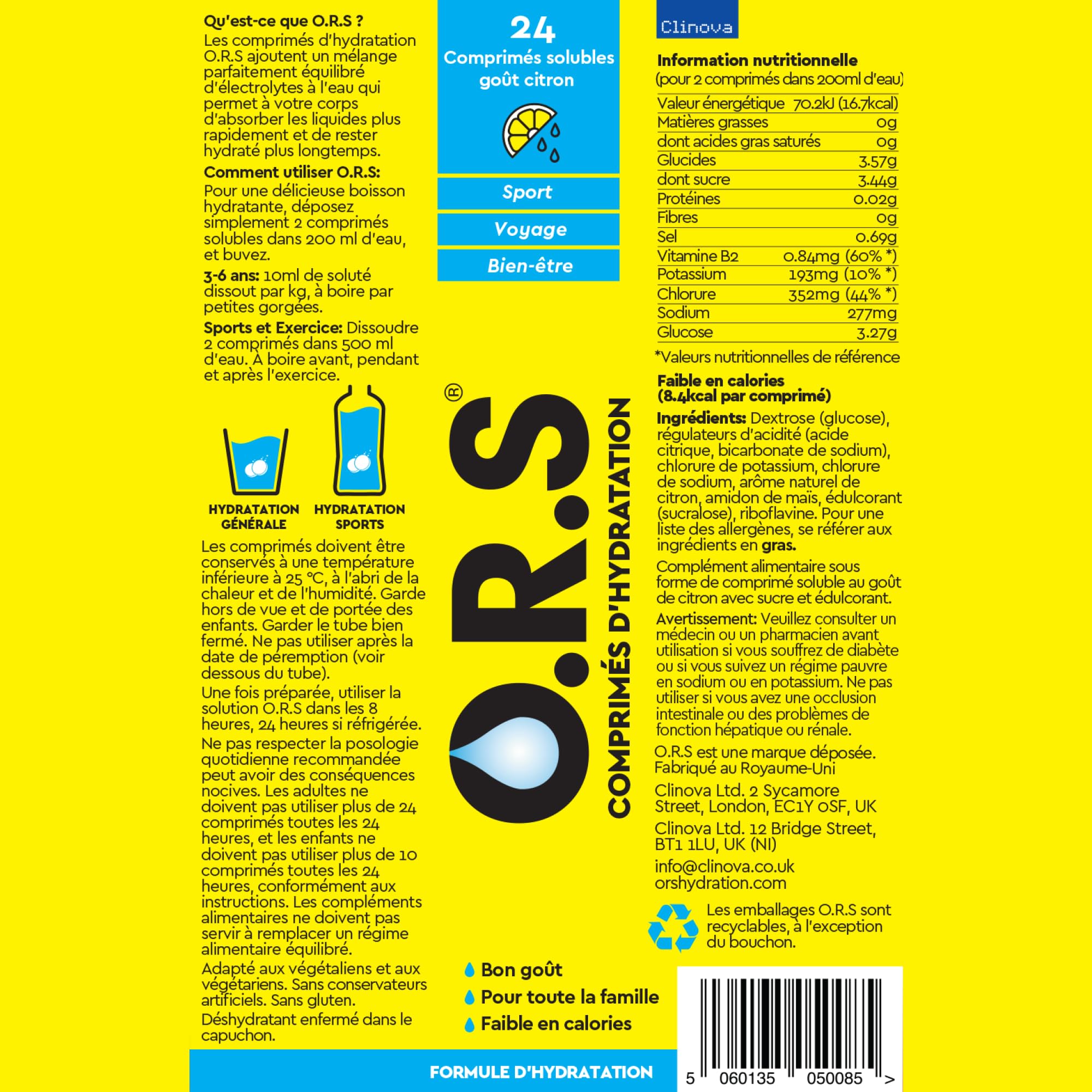 O.R.S Tablettes d'Hydratations avec Électrolytes, Minéraux et Glucose, Végan, Composition Sans Gluten et Lactose - Goût Naturel de FLAVOUR (Citron), 144 Tablettes, 72 portions (Pack de 6 x 24).