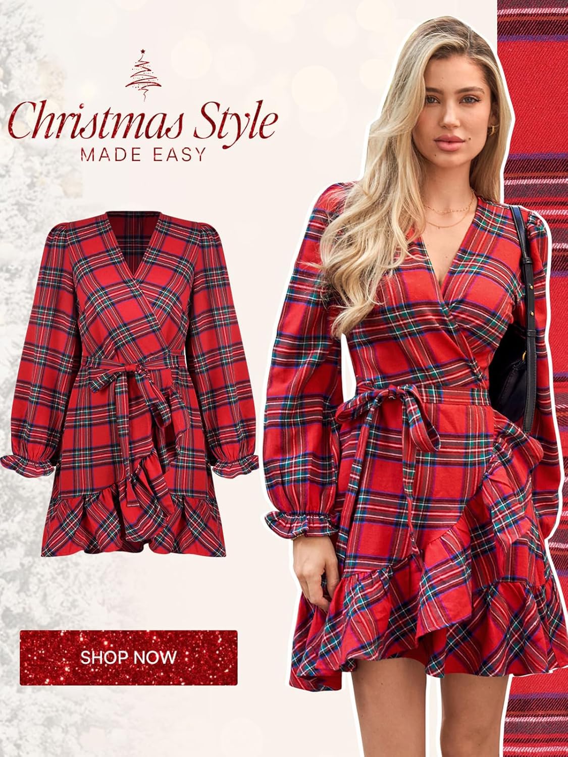 CUPSHE Women Red Plaid Fall Dress V Neck Ruffle Cuff Long Sleeve Side Tie Wrap Casual Mini Autumn Dresses - Image 6