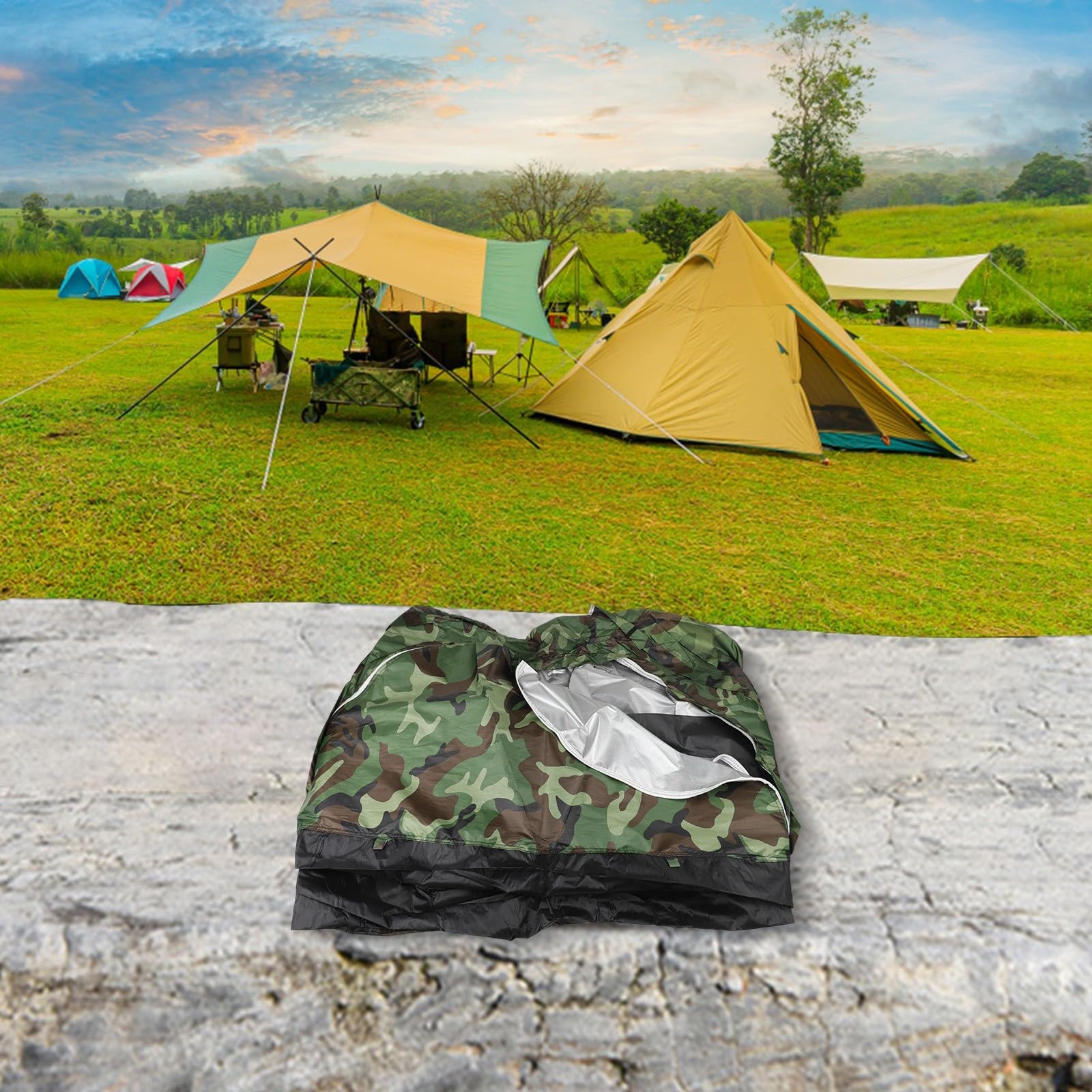 Tenda da campeggio per 1 o 2 persone con tetto rivestito in argento con protezione UV, cerniere bidirezionali, borsa per il trasporto e struttura robusta in fibra di vetro