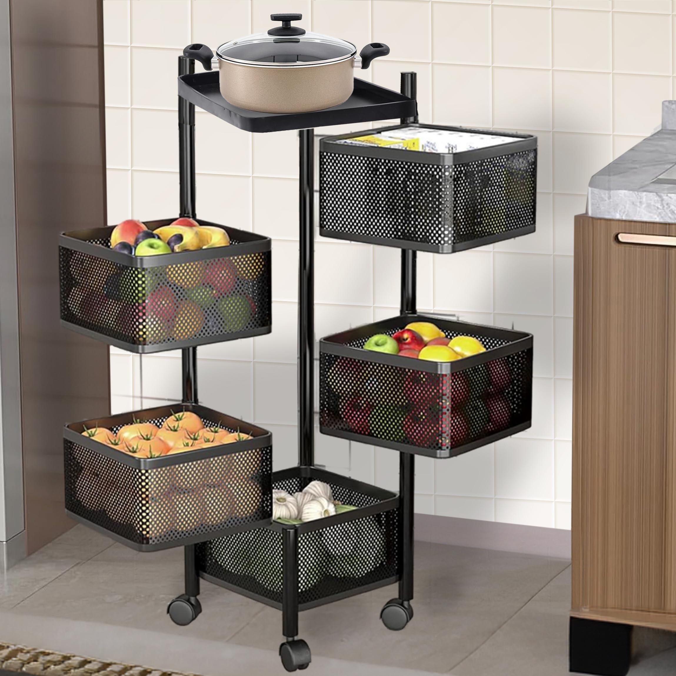 Kuber Industries Storage Rack | 5-Layer Revolving Vegetable Kitchen Rack | Square Multipurpose Storage Trolley with Wheels | Metal Fruit Storage Rack | Kitchen Cabinet Spice Rack | Black (B0D4J1RXD1) Amazon Price History, Amazon Price Tracker