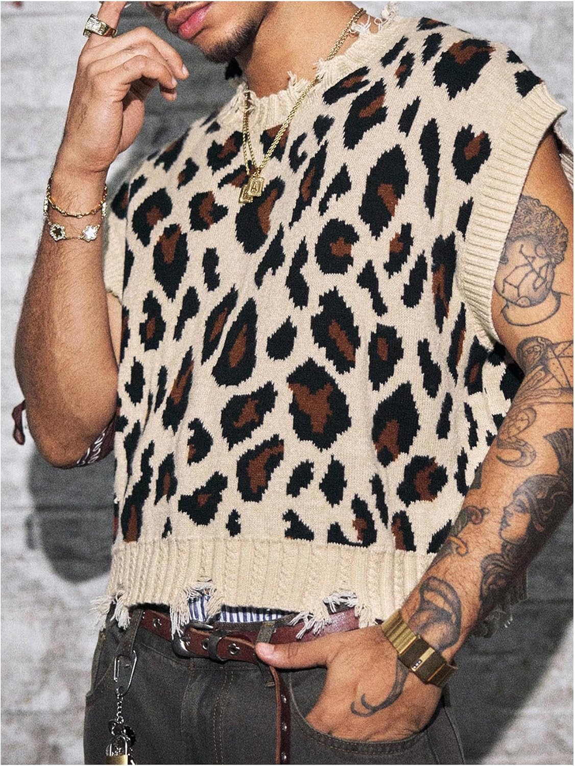 Men's Leopard Sweater Vest Y2k Cheetah Distressed Crewneck Cap Sleeve Knit Tops - Image 4