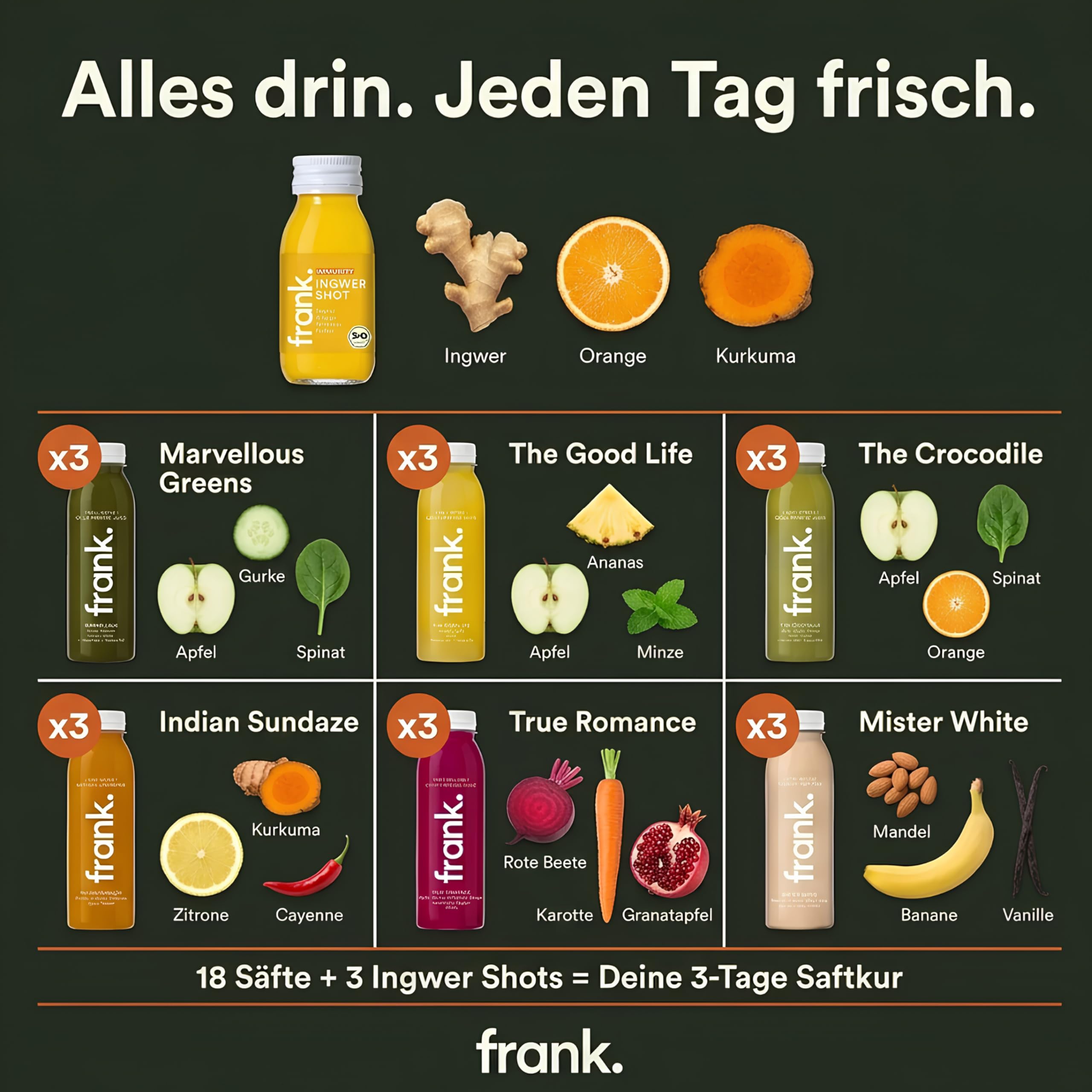 Frank Juice Saftkur 3 Tage | 18 x 330ml Säfte + 3 x 60ml Bio Ingwer shot | Direktsaft kaltgepresst Vegan | ideale Fastenkur aus frischem Obst & Gemüse | Premium Qualität (inkl. 4,50€ Einweg Pfand)