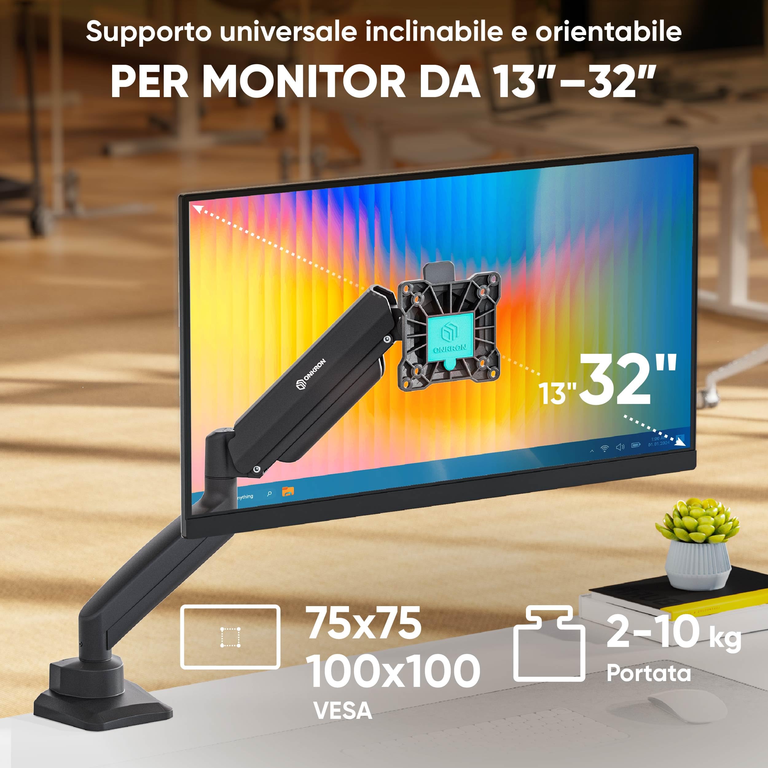 ONKRON Braccio Monitor da Scrivania 13"-32", Carico 2-10 kg, VESA 75x75-100x100, Supporto Monitor Scrivania, Supporto Schermo PC Universale, Inclinabile e Girevole, Altezza Regolabile, Nero G80-B