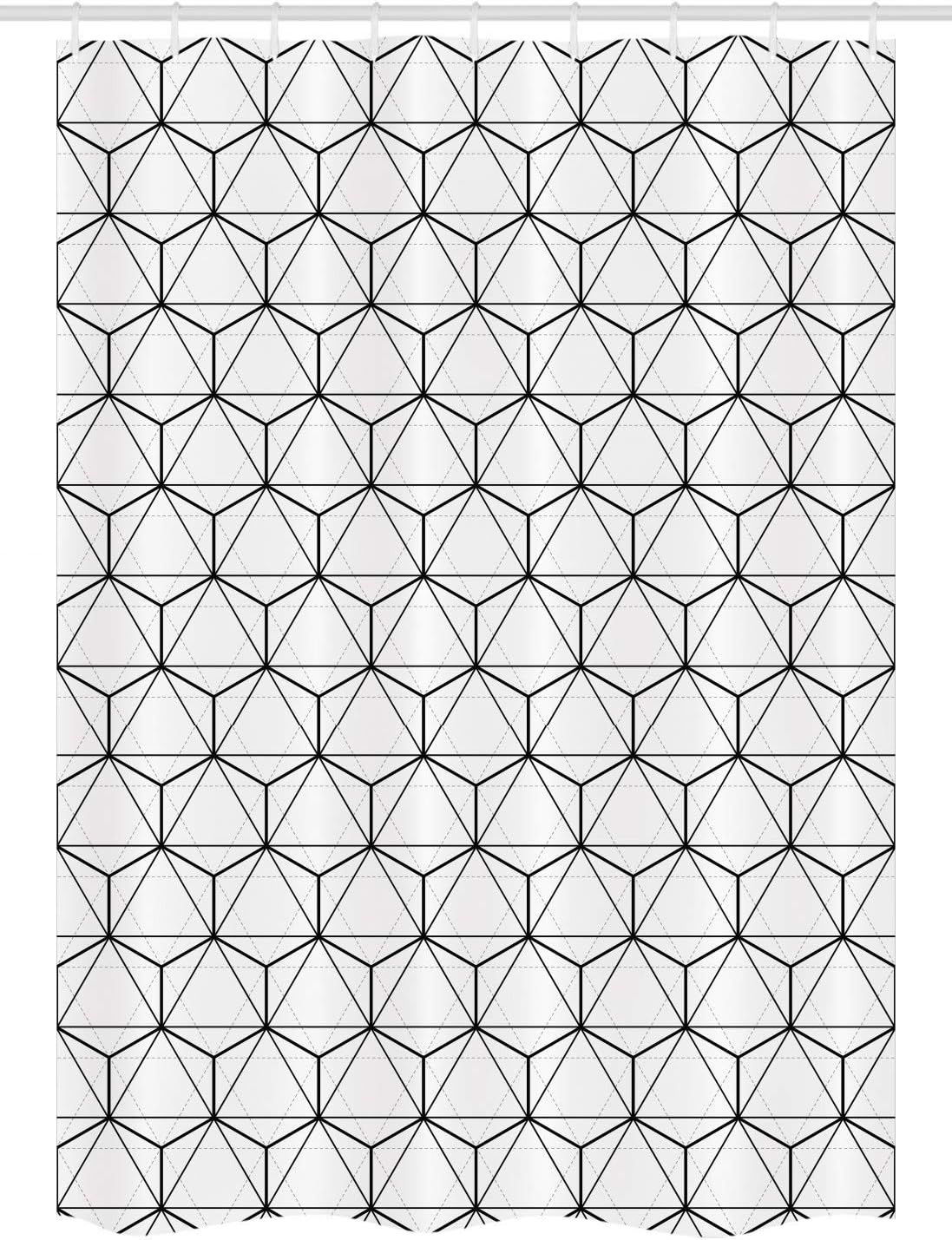 Ambesonne Geometric Stall Shower Curtain, Abstract Lines Charcoal Grey Colored Striped Image with Hexagonal Design, Fabric Bathroom Decor Set with Hooks, 54" W x 78" L, Black and White