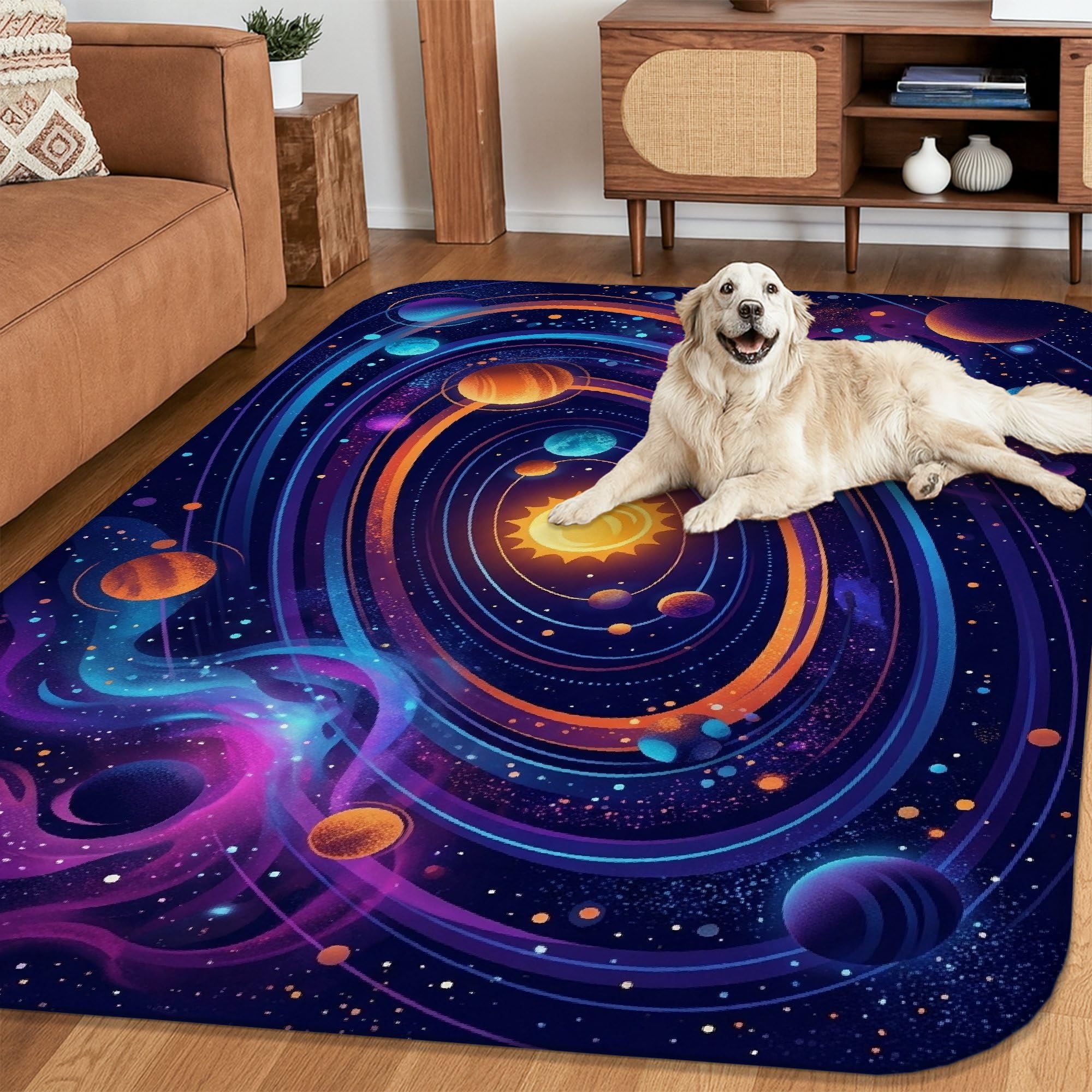 Alfombra de área para el sol, planetas futuristas cósmicos, galaxia N/A, violeta de pelo bajo, esponja, para el hogar, alfombra con estampado rectangular para sala de estar, dormitorio, decoración de