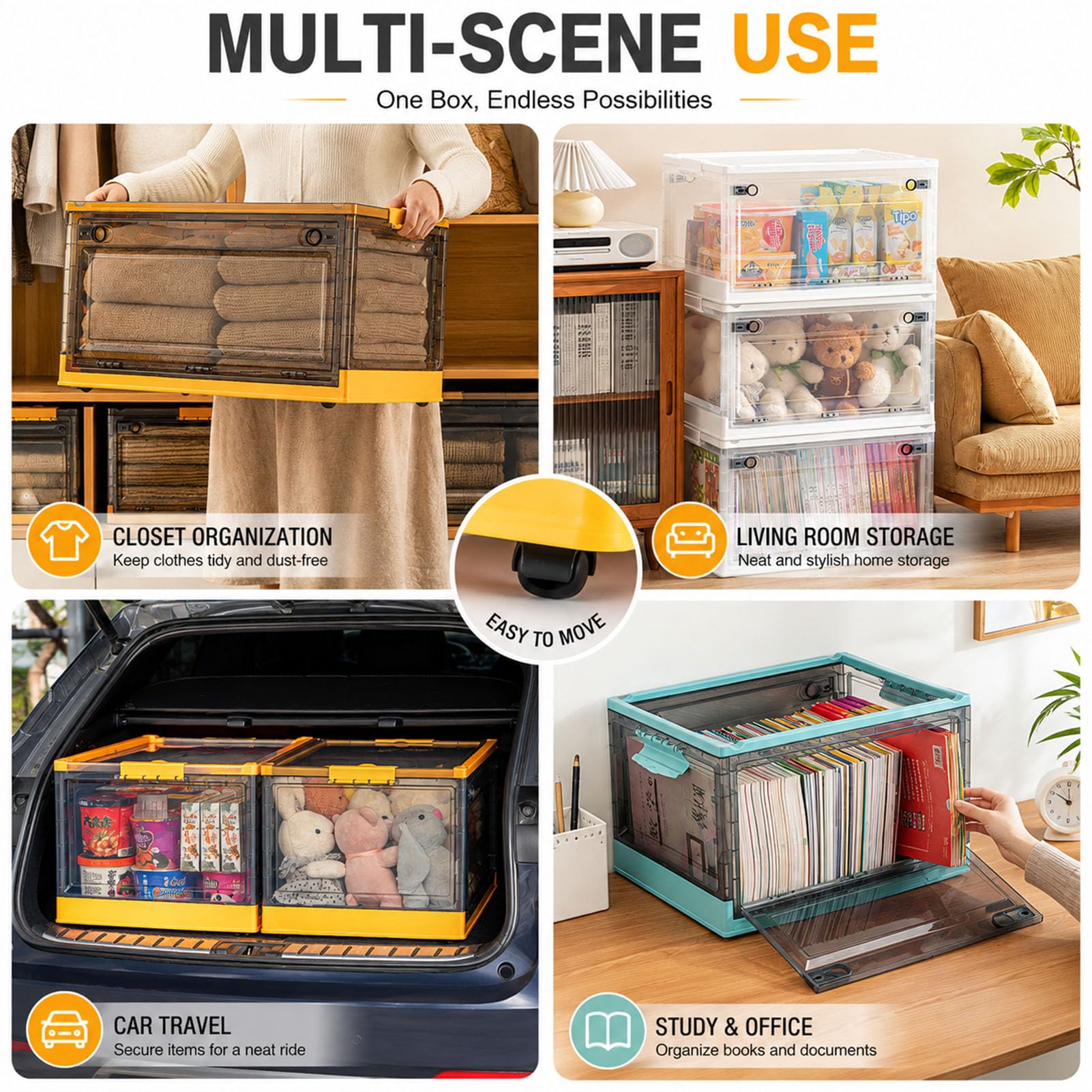 Caisse de Rangement Pliable et empilable avec Ouverture latérale, roulettes et Couvercle, boîte Transparente Gain de Place pour Livres, vêtements et Jouets,Orange,XL