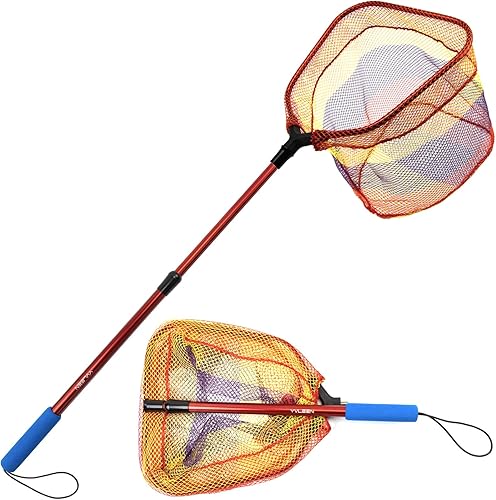 YVLEEN Red de pesca para niños para lagos, redes de minnow para niños, mango telescópico plegable de aluminio para caña de pescar y malla de nailon