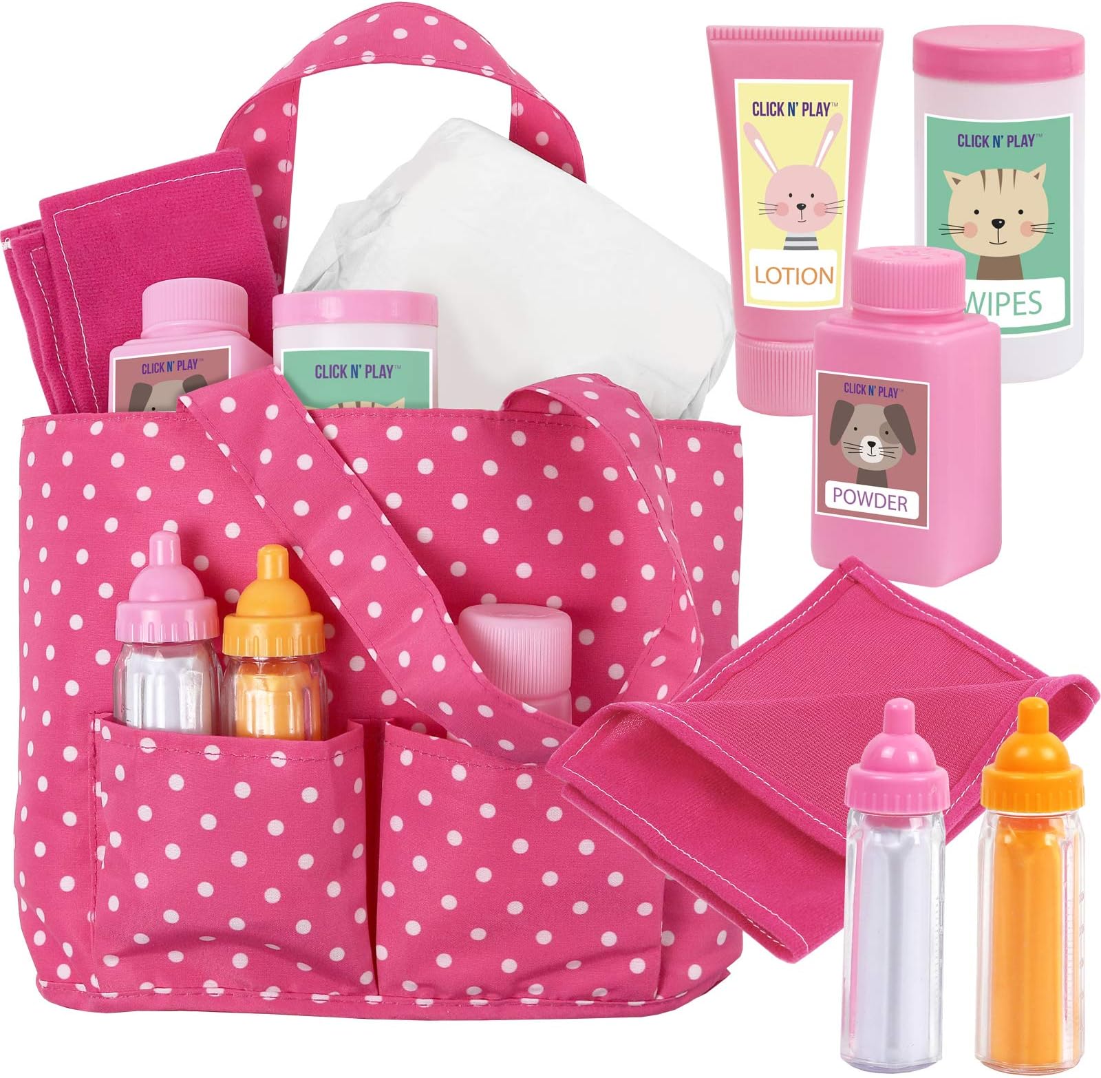 Click N' Play Baby Girl Doll Diaper Bag, Pink Soft Carrying Bag Including Cleaning, Caring, & Feeding Accessories - Baby Doll Bottles, Towel, Powder, Lotion, Wipes