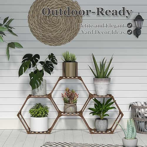 Miniatura 3 de Tikea Soporte hexagonal para plantas de interior y exterior, para plantas suculentas, plantas pequeñas, estante de madera para plantas de 7 niveles,