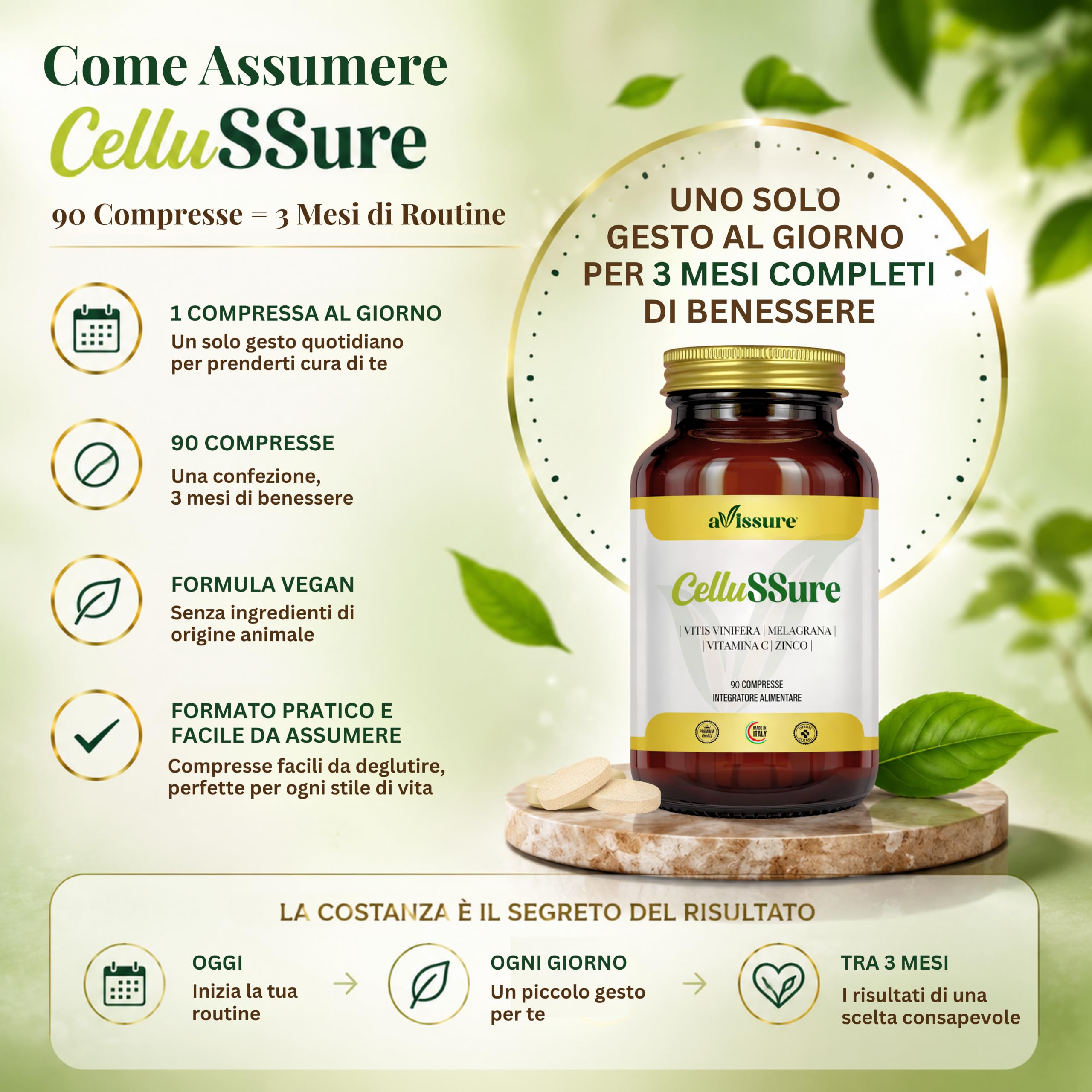 CelluSSure Integratore Alimentare 90 Compresse Vegan con Estratti Vegetali, Vitis Vinifera, Punica Granatum (Melagrana), Vitamina C Acido Ascorbico, Zinco Gluconato, 1 Compressa per 3 Mesi, avissure