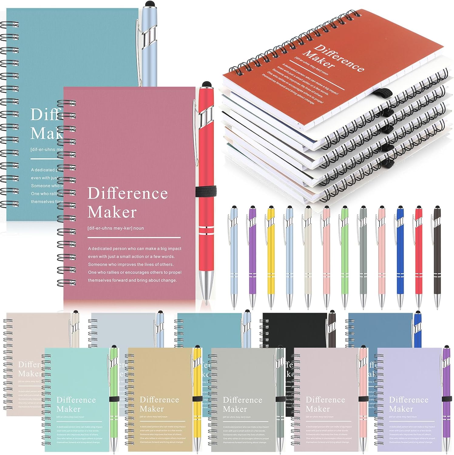 Fullhawl 24 Sets Difference Maker Gifts Employee Appreciation Gifts Bulk Inspirational A6 Spiral Notebook Motivational Journals with Pen for Women Men Coworker Team Staff Christmas(Pastel Color)