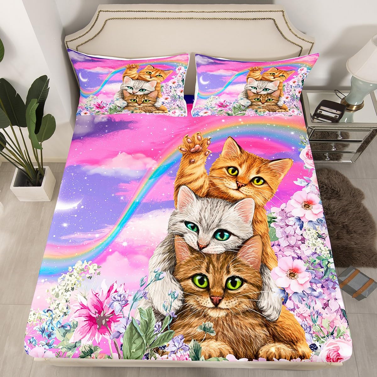 Manfei Parure De Lit Enfant Motif Chat Kawaii Avec Taies D'Oreiller - Lune Et Étoiles Dorées