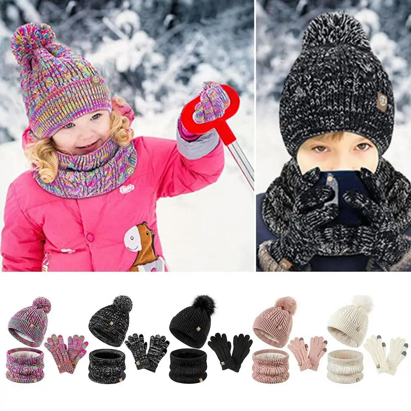Mütze, Schal & Handschuh-Sets Für Damen Lässiges Strick-wintermütze-Set Für Kinder, Handschuhe, Schal, Warmer Nackenwärmer, Beanie-mützen Mit Bommel Für Kaltes Wetter-b-eine Größe