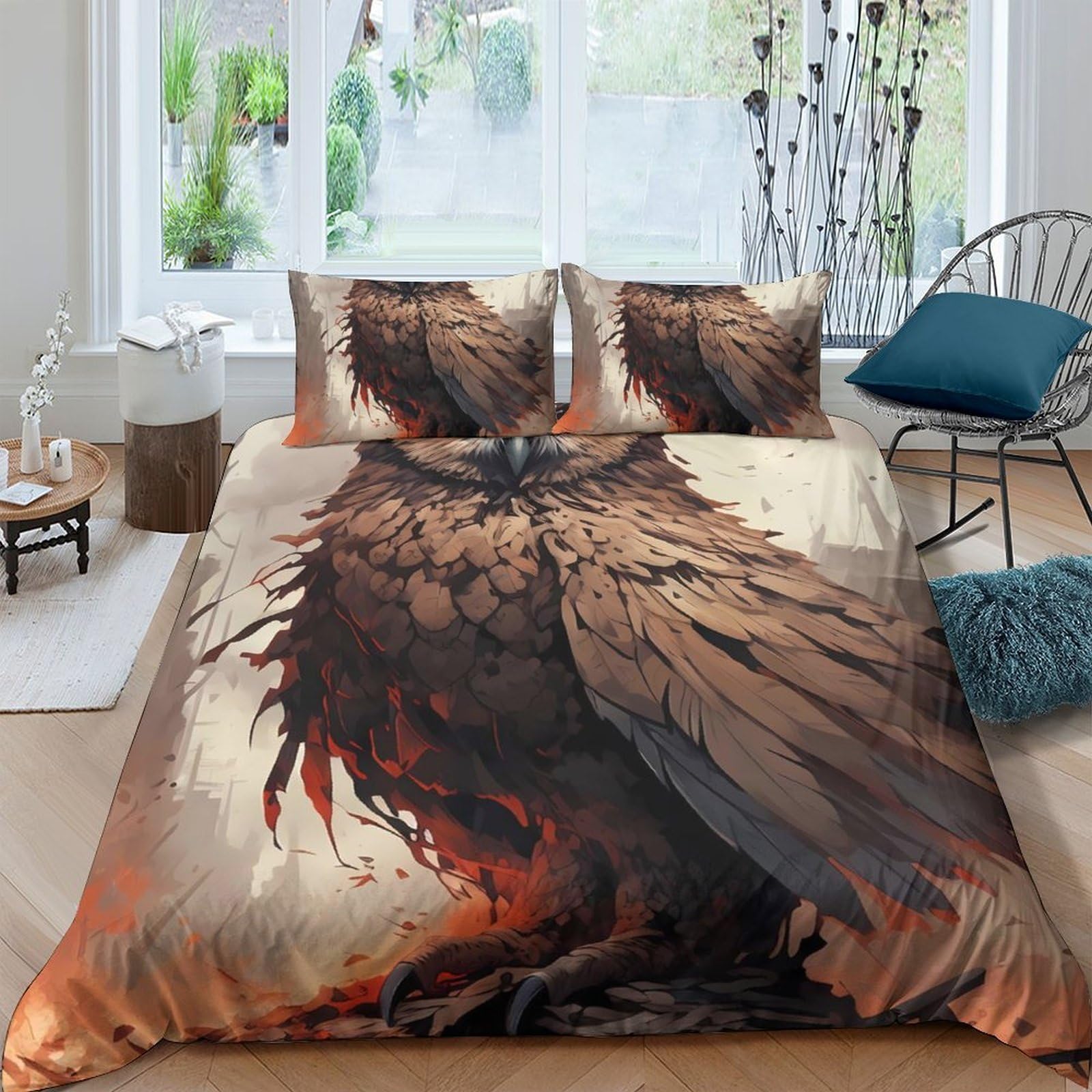 Ctjqhvkz Style-1 3D Printed Owl Shadow Fitted Sheet Microfiber Soft Breathable Fire Feather Bed Sheet For Bedroom Decor Single（135X200cm）