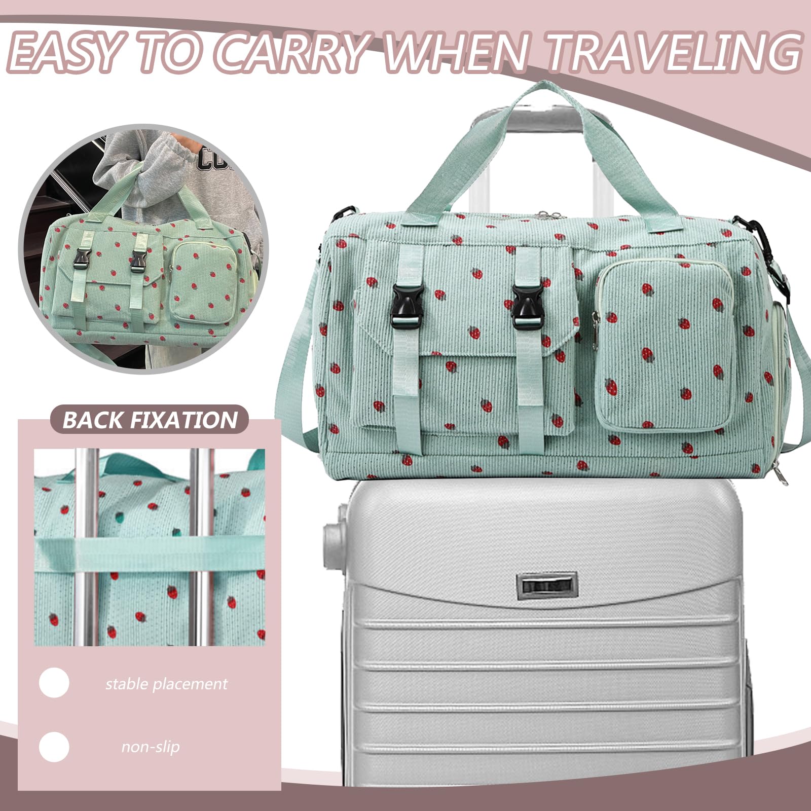 Bolsa de Deporte para Mujer, Pana Fresa Sporttasche con Compartimento para Zapatos, Compartimento y Billetera Pequeña para Mojados, Bolsa de Viaje für Viajar, Fitness, Deporte, 46x24x26 cm — view 5