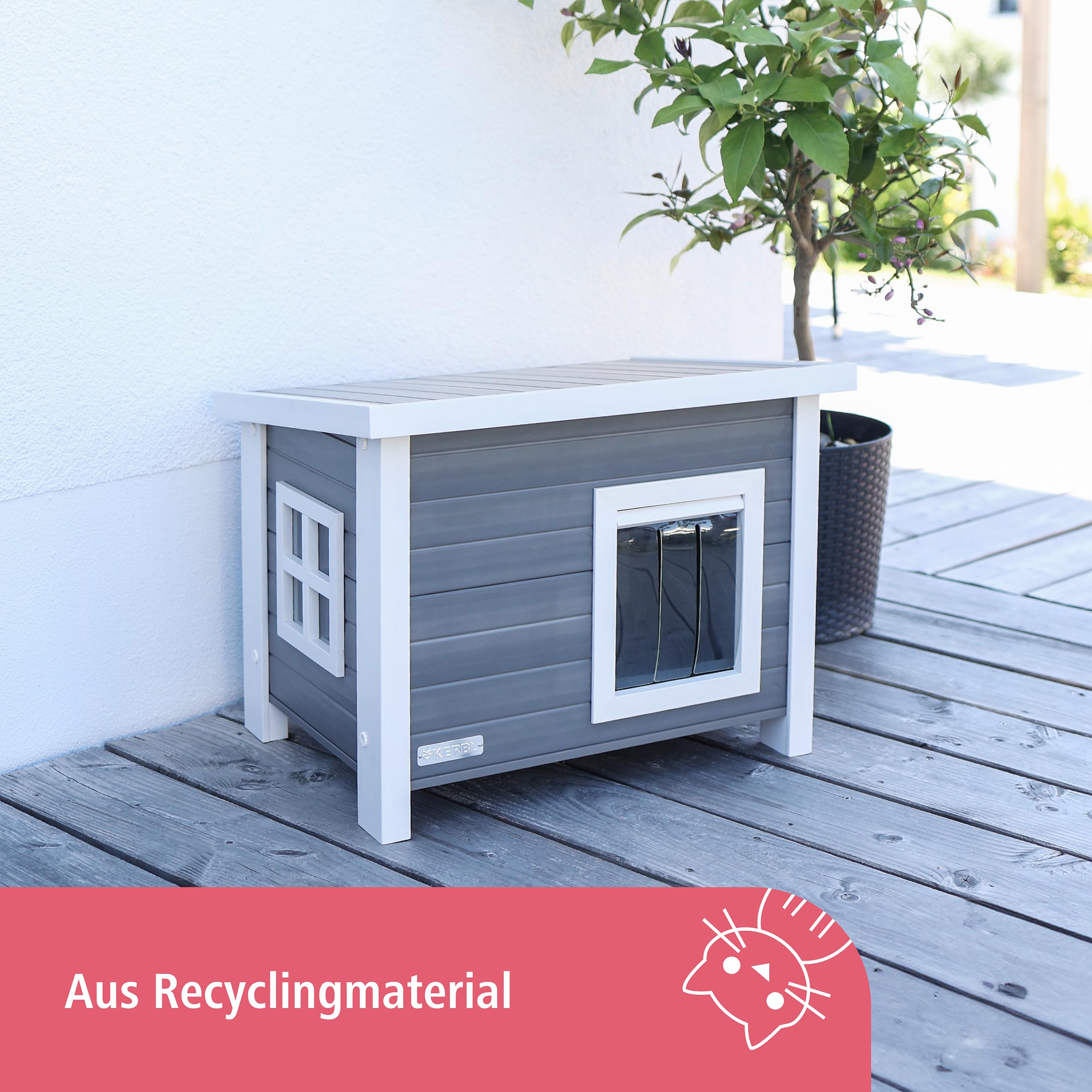 Kerbl Pet Katzenhaus Eli | Grau/Weiß, 57 × 45 × 43 cm, wetterfestes Haus aus recyceltem Kunststoff und Holz, einfach zu montieren