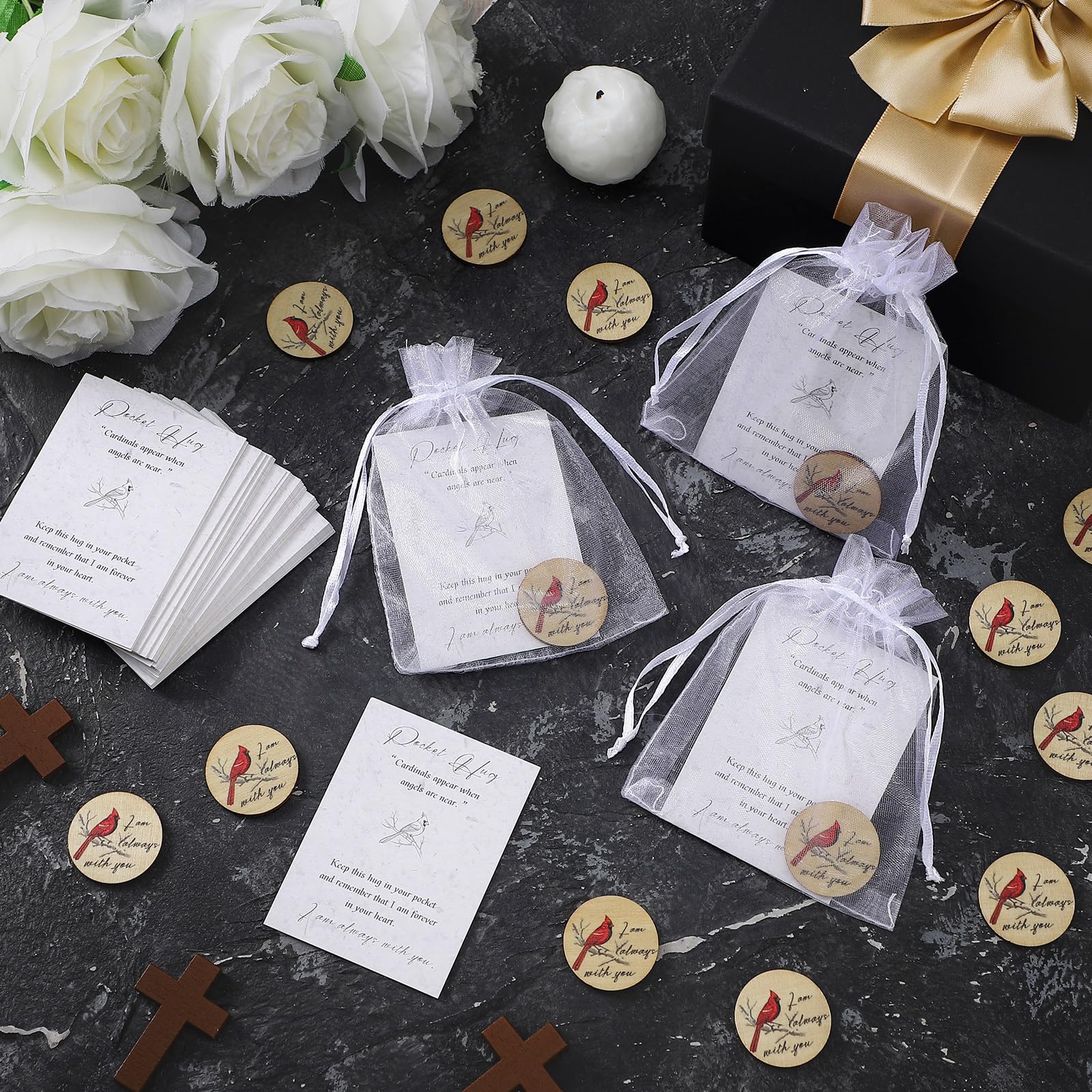 Clabby 50 Set Funeral Favors Celebration of Life Favors Wooden Red Cardinal Pocket Hug Token Funeral Prayer Card Organza Bag Cardinal Memorial Gift for Guests Family Prayer Church Favor Decorations - Image 4
