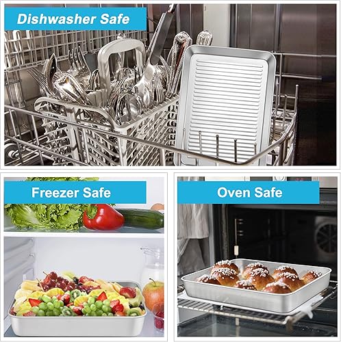 Miniatura 5 de TeamFar Moldes rectangulares para tartas, de acero inoxidable de 9.4 pulgadas, para hornear lasaña para horno tostador, fondo corrugado y superficie