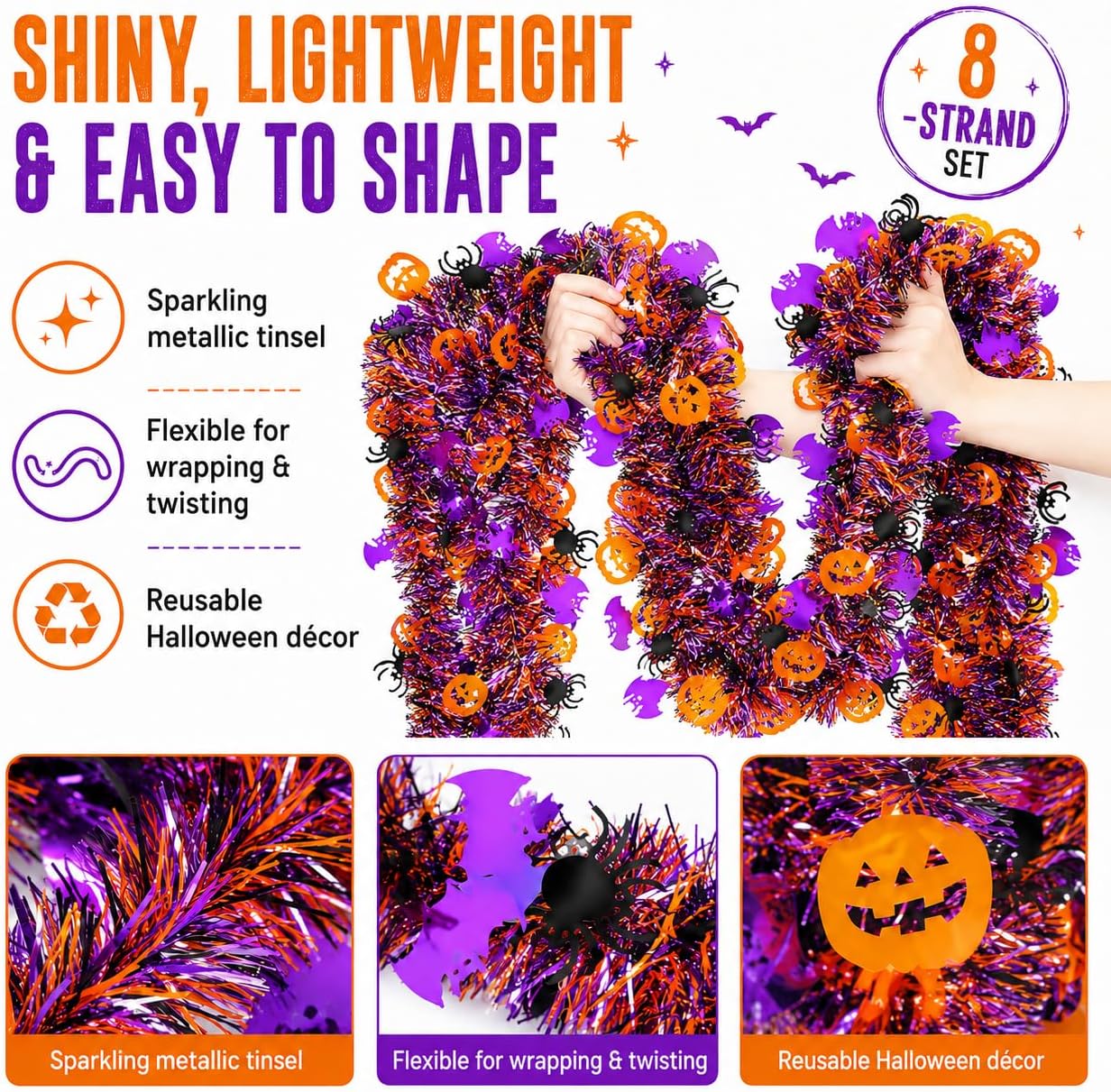 Halloween Garland 52.5 Ft Glitter Tinsel Garland with Pumpkin, Bats & Spider Decorations, Halloween Garland Outdoor Indoor for Tree, Trunk or Treat Car Decorations Kit, Golf Cart Decor