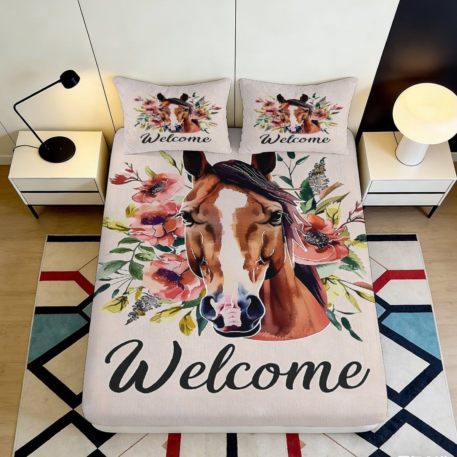 Kzqjxnhpcr Style-3 3D Printed Floral Horse Fitted Sheet Microfiber Deep Pocket Non-Slip Bedding Horse Mattress Fitted Cover Washable For Bedroom 90X200x25cm 90X200x25cm
