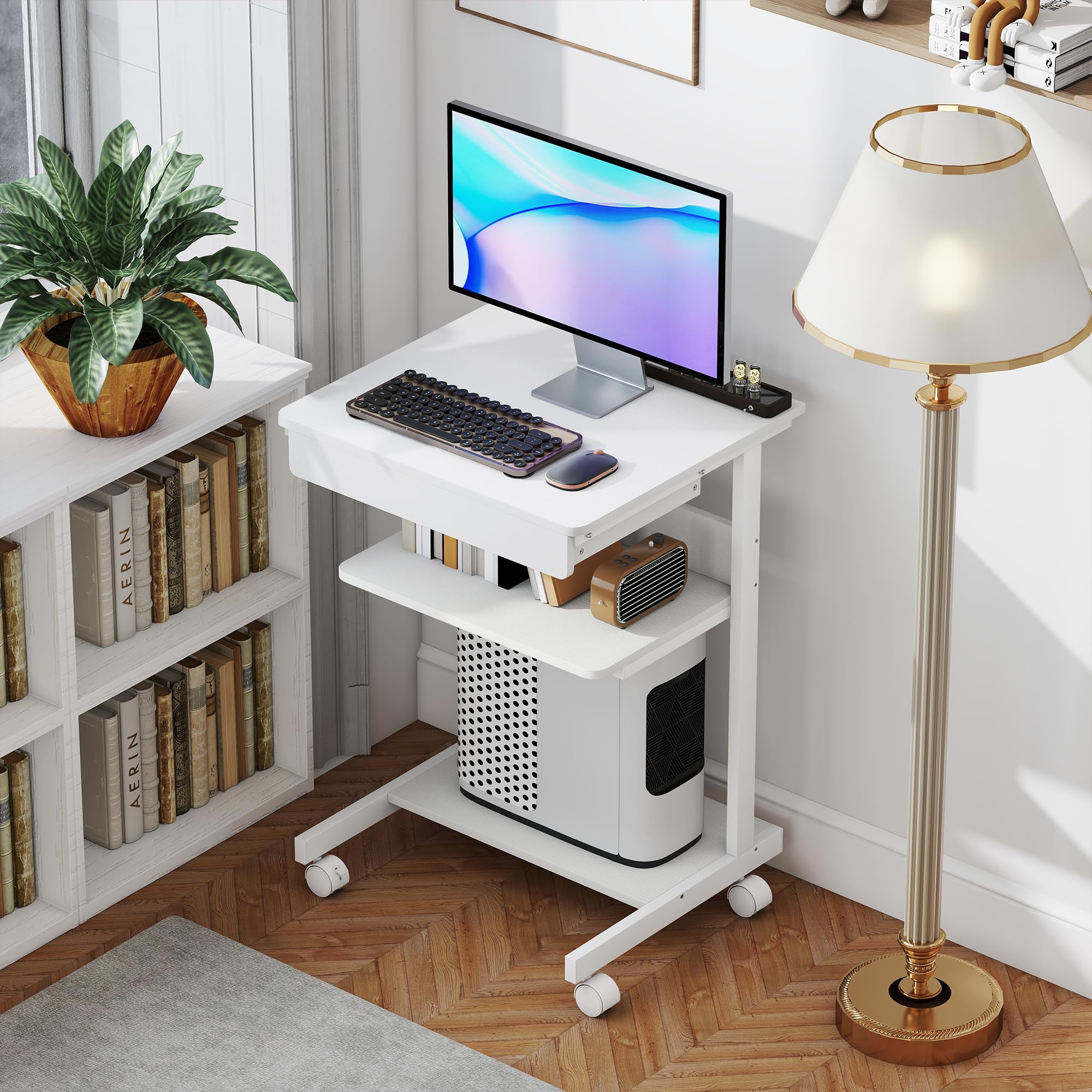 HOMCOM Scrivania per computer su ruote, scrivania con spazio 56 x 51 cm con cassetto, scomparto e supporto per CPU, tavolo da computer per studio per piccoli spazi camera da letto, bianco
