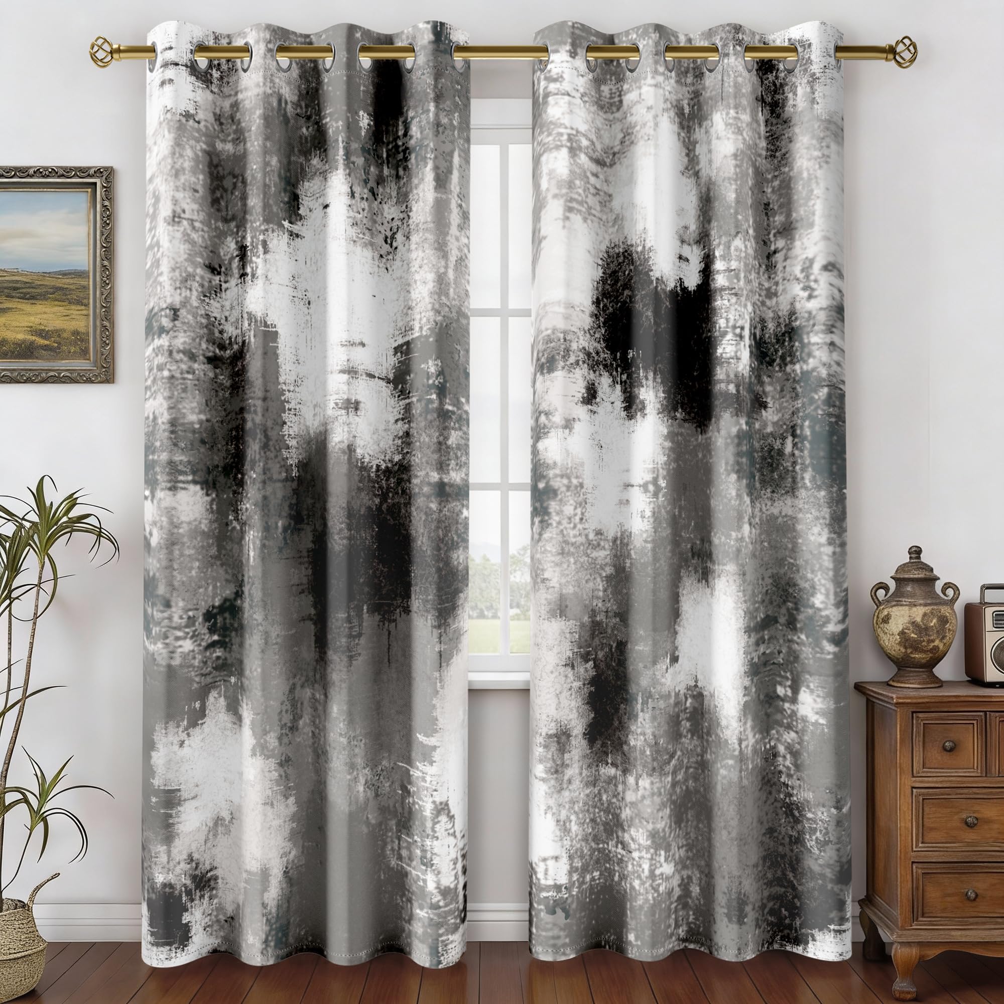 Asuexpect Black Grey Abstract Curtains 2 Panels Abstract Rust Curtain Room Darkening Grommet Window Treatments Modern Decorative for Bedroom Living Room, 52x96 Inches, Black Grey — image 1