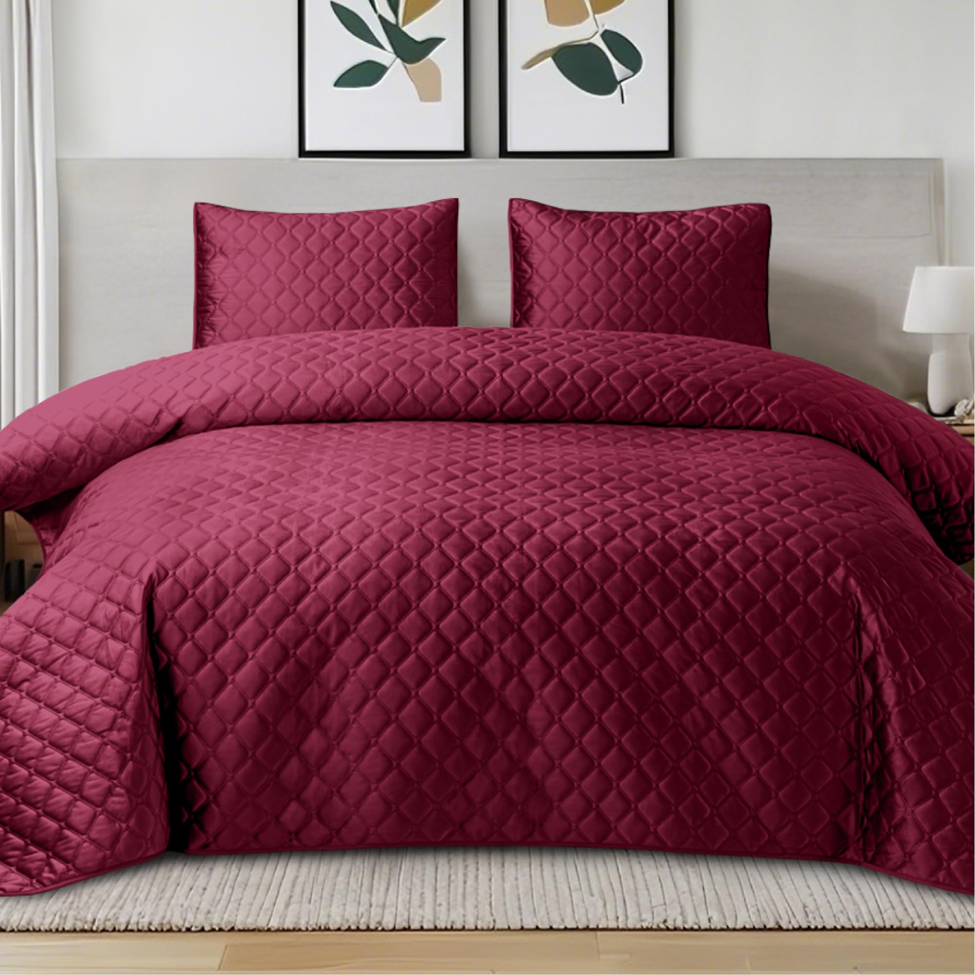 Sophia & William Velvet Queen Bedspread,3D Air Layer Coverlet Queen Size,Queen Quilt Bedding Set,Super Soft Lightweight Coverlet for All Season,Burgundy(1 Coverlet 88×92", 2 Pillow Shams 26×20")