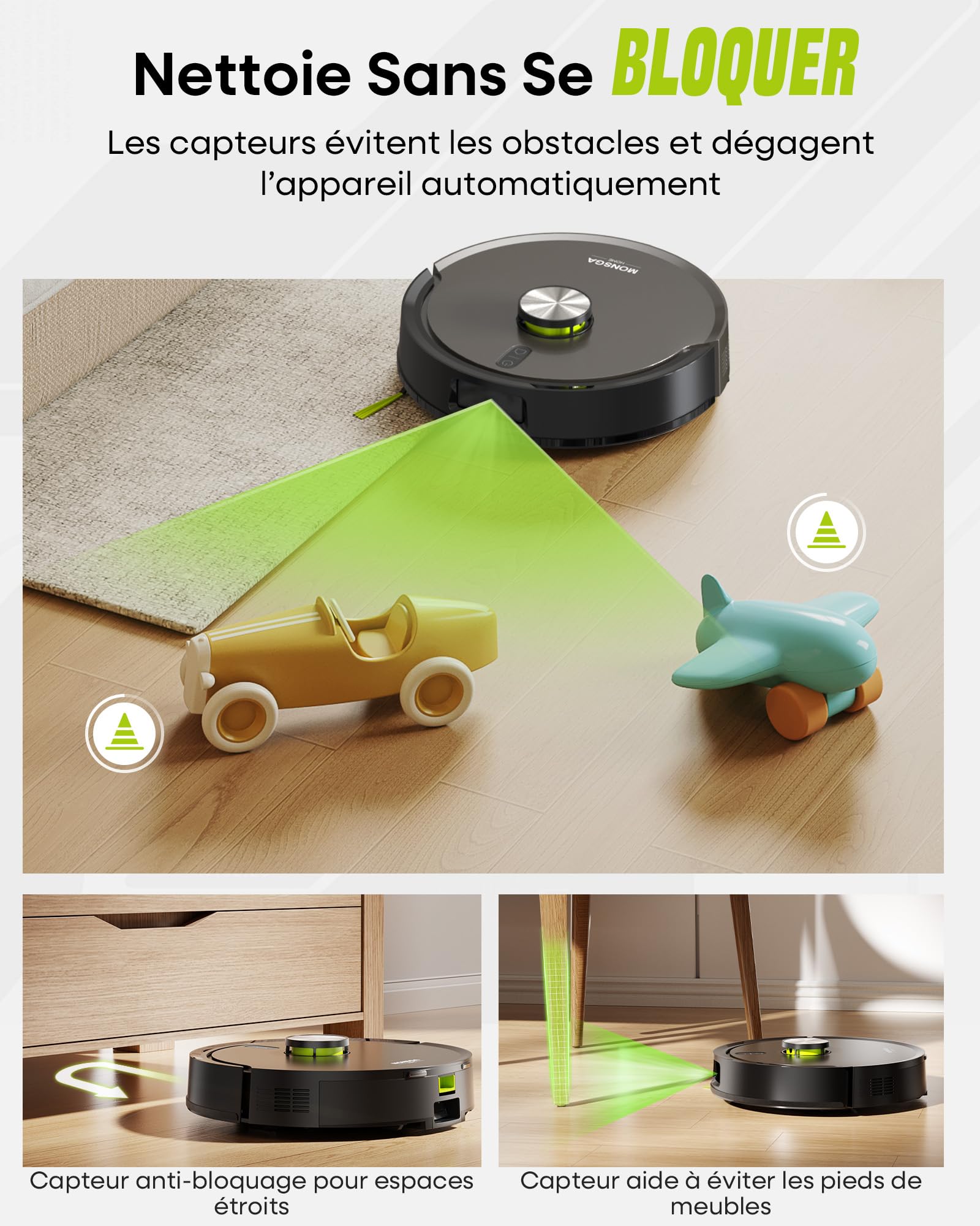 MONSGA Aspirateur Robot 8000Pa, Robot Aspirateur Laveur avec Station Auto-vidage 4L, Plaque de Protection, Navigation LDS, Double Anti-emmêlement pour Cheveux et Poils d'animaux, APP, Contrôle Vocal