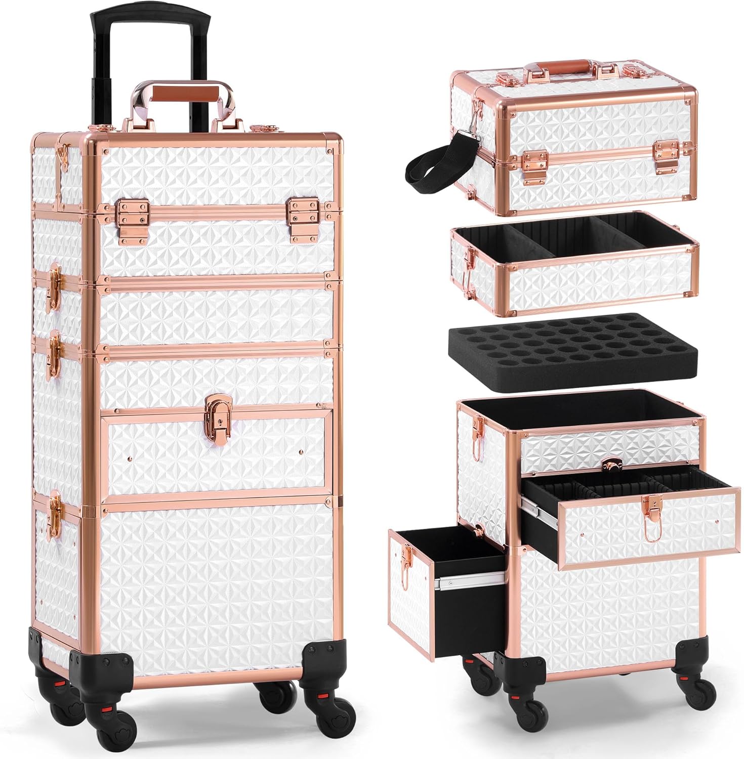 GALHUBIS Makeup Train Case with Drawer, Rolling Makeup Case, Cosmetology Case on Wheels, Gift, Large Makeup Case Organizers, Professional for Salon Barber, Nail, Tattoo, White Gold