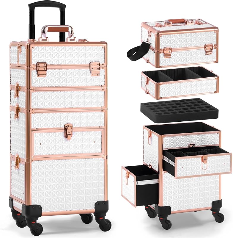 Maleta de maquiagem GALHUBIS com rodinhas, gavetas e bandejas removíveis, Branco Dourado, HZX04WG02DR