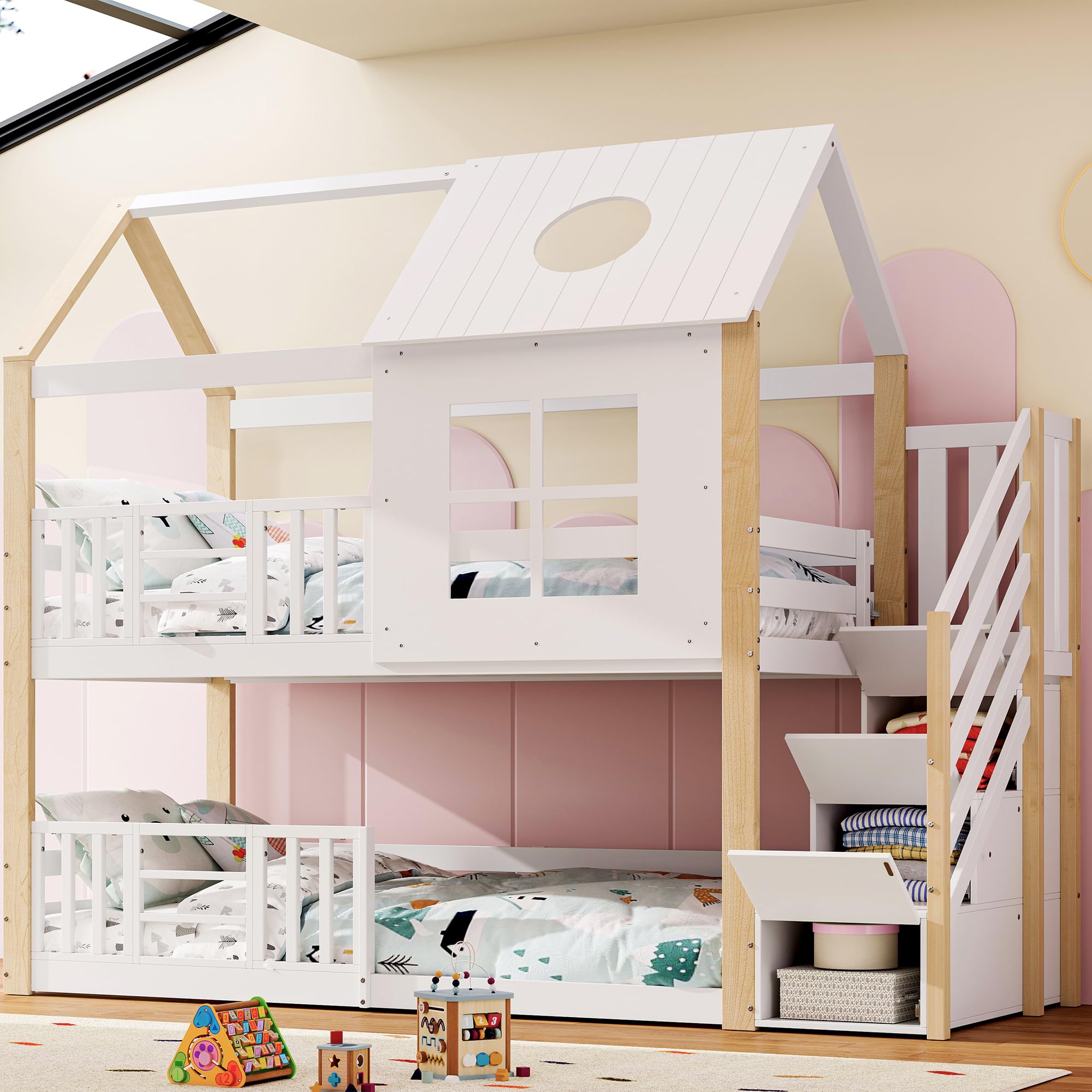 Lit cabane Enfants 90x200 Lit superposé Enfant lit Double lit Simple Maison d'arbre avec Tableau de Rangement et Protection Anti Chute 2 sommiers à Lattes Naturel, sans Matelas (Blanc-35W, 90x200cm)