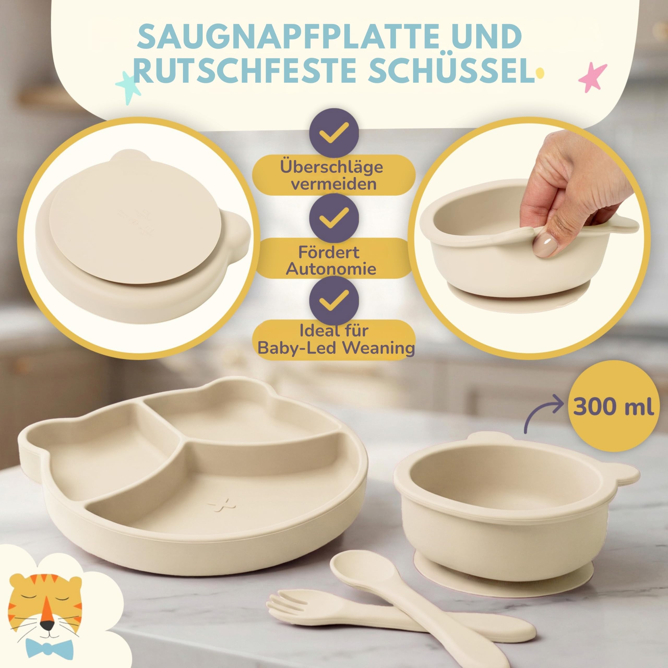 Baby Geschirrset aus Silikon 12-teilig | mit Teller mit Saugnapf, Schüssel, Becher, Besteck, wasserdichten Lätzchen und Fruchtsauger | BPA-frei | mikrowellen- und spülmaschinengeeignet