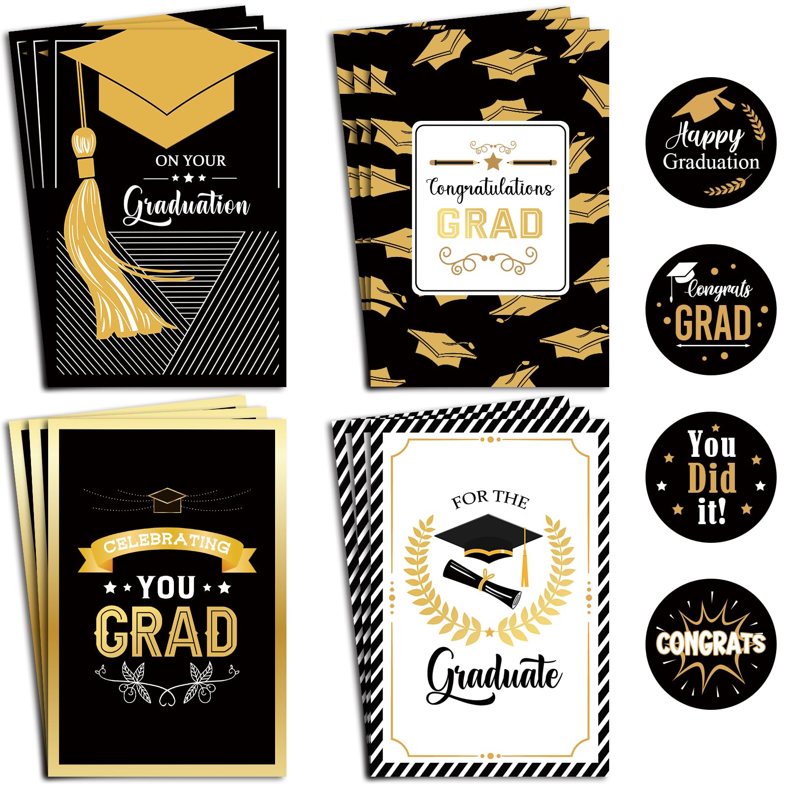 Supoeguk Classic Graduation Cards Set, Black Gold Congratulations Grad Cards Pack with Envelopes, Assorted Graduation Cards for College High School(24