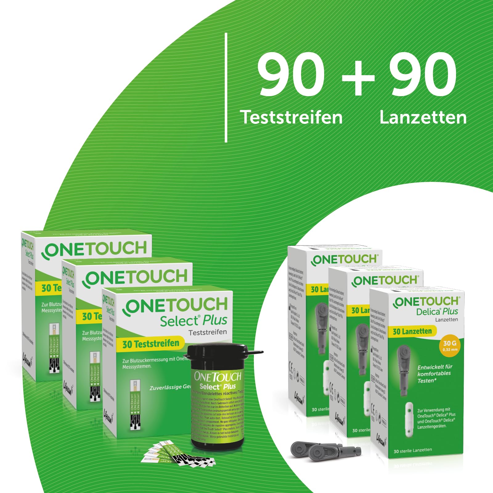 OneTouch Select Plus Kombi-Pack L für Blutzuckermessung |Teststreifen & Lanzetten für Diabetes (Zucker-Krankheit)| 90 Tests | 3 Packungen Teststreifen, je 30 Stück I 3 Packungen Lanzetten, je 30 Stück