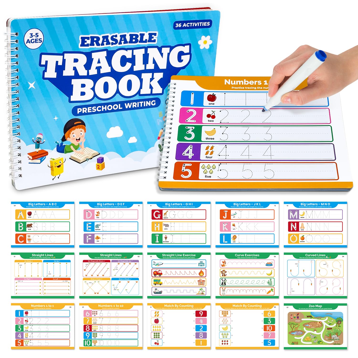 Preschool Dry Erase Learning Workbook for Kids Ages 3-5 – Reusable Tracing Book for Letters A-Z, Shapes & Lines – Use with Dry Erase Markers – Handwriting & Fine Motor Skills Practiceactice