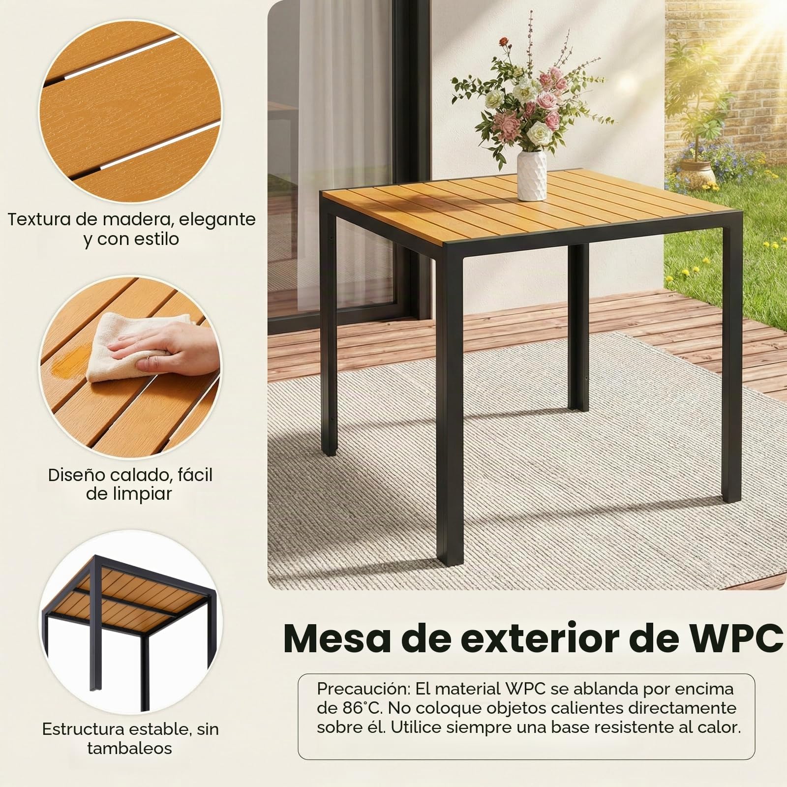 LIFERUN Juego de muebles de jardín de aluminio y WPC, 3 piezas para balcón, 2 sillas plegables y resistentes, 1 mesa de jardín con respaldo alto