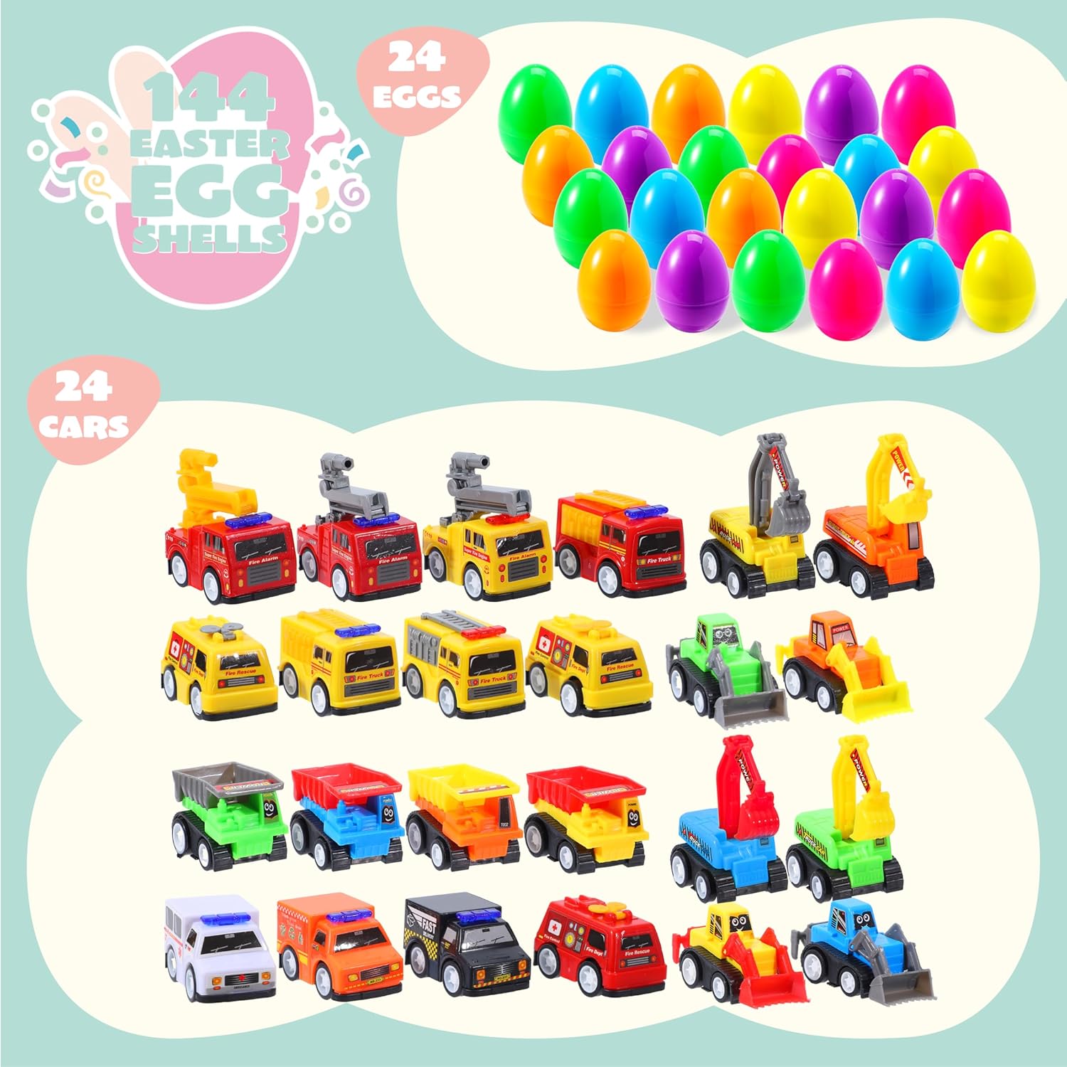 JOYIN 24 Pcs Filled Easter Eggs with Pull Back Construction Cars, Prefilled Easter Egg with Vehicle for Kid Boys, Basket Stuffers/Fillers, Party Favor, Classroom Prize Supplies