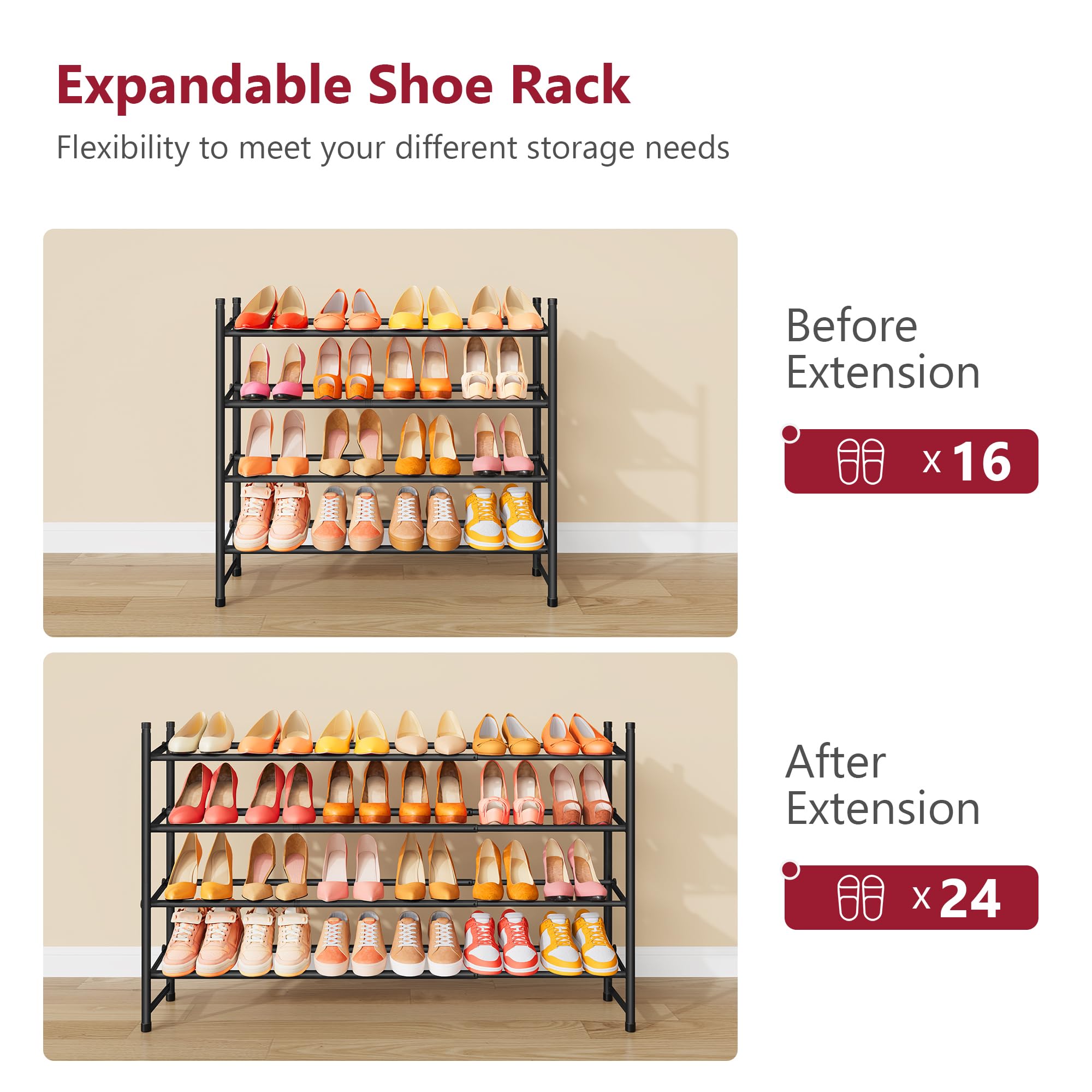 Tajsoon Étagère à Chaussures (Noir, 4 Niveaux Extensible)