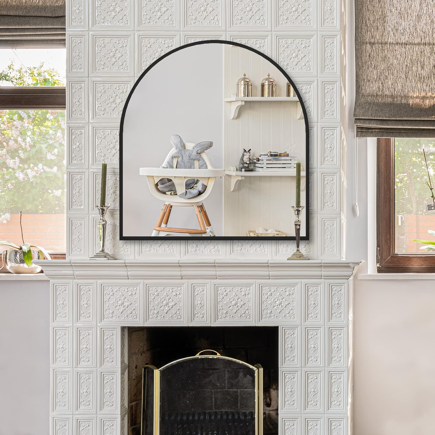 Arched Mirror, 33.5x31.5in, Black Metal Frame, Wall Mount, Modern Arch Top Mirror, Home Decor, Bathroom, Bedroom, Fireplace