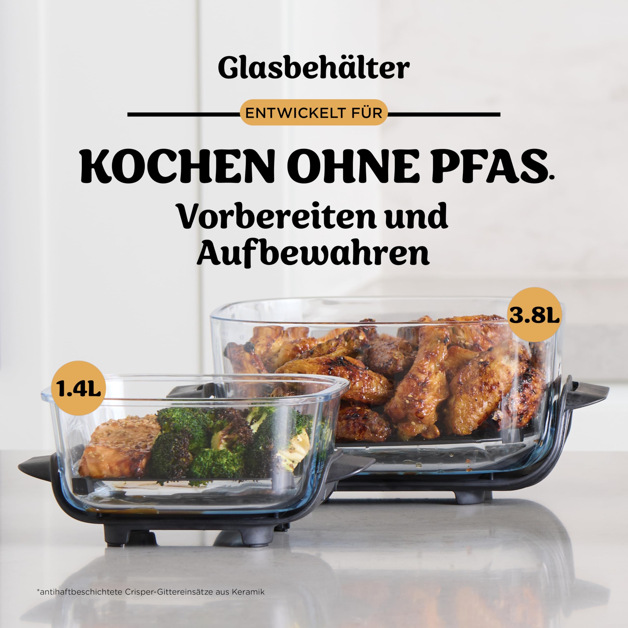 Ninja CRISPi Tragbare Heißluftfritteuse, 3,8 l & 1,4 l, 4-in-1: Heißluftfrittieren, Braten, Warmhalten, Aufknuspern, kompakt, 6 Portionen, 2 Glasbehälter & Deckel, 1700 W, Ingwerbraun FN101EUGD