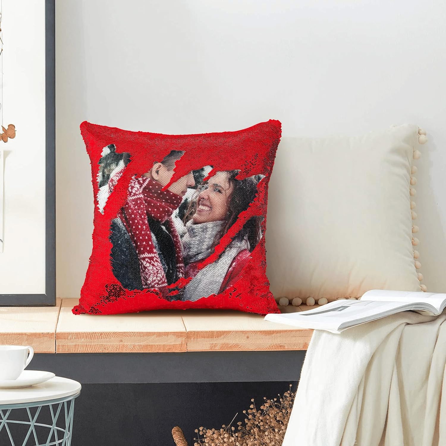 Personalized Red Sequin Pillow Cushion Cover/Add Your Image Photo Text/Custom Magic Reversible Throw Pillow Cases Decorative Pillow Cover for Bed Sofa Couch Bedroom Living Room 18x18 Inch