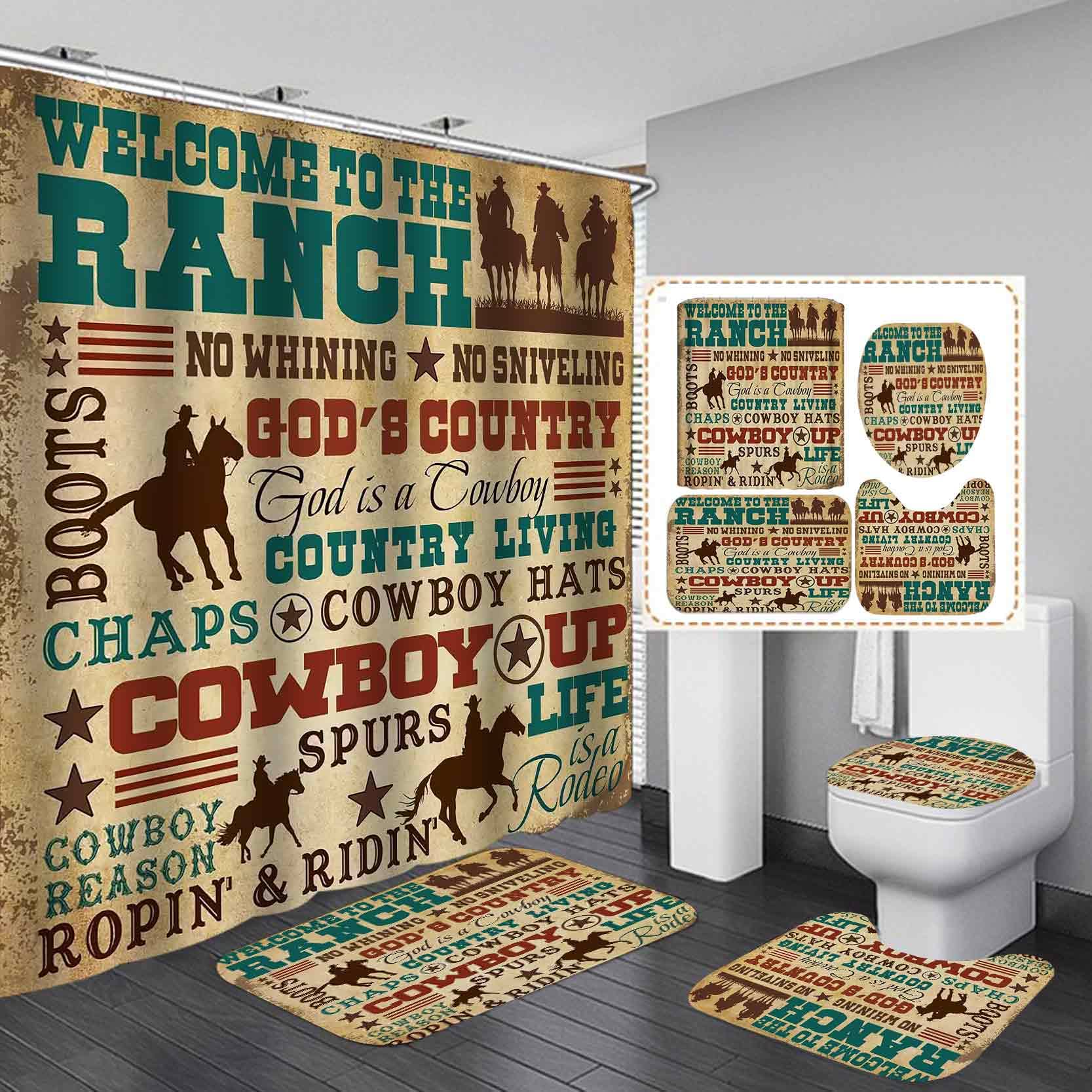 SKAILIÉ 4PCS Western Cowboy Riding Horse Shower Curtain Set, Vintage Wild West Texas Ranch Country Rustic Farmhouse Bathroom Decor, Brown Shower