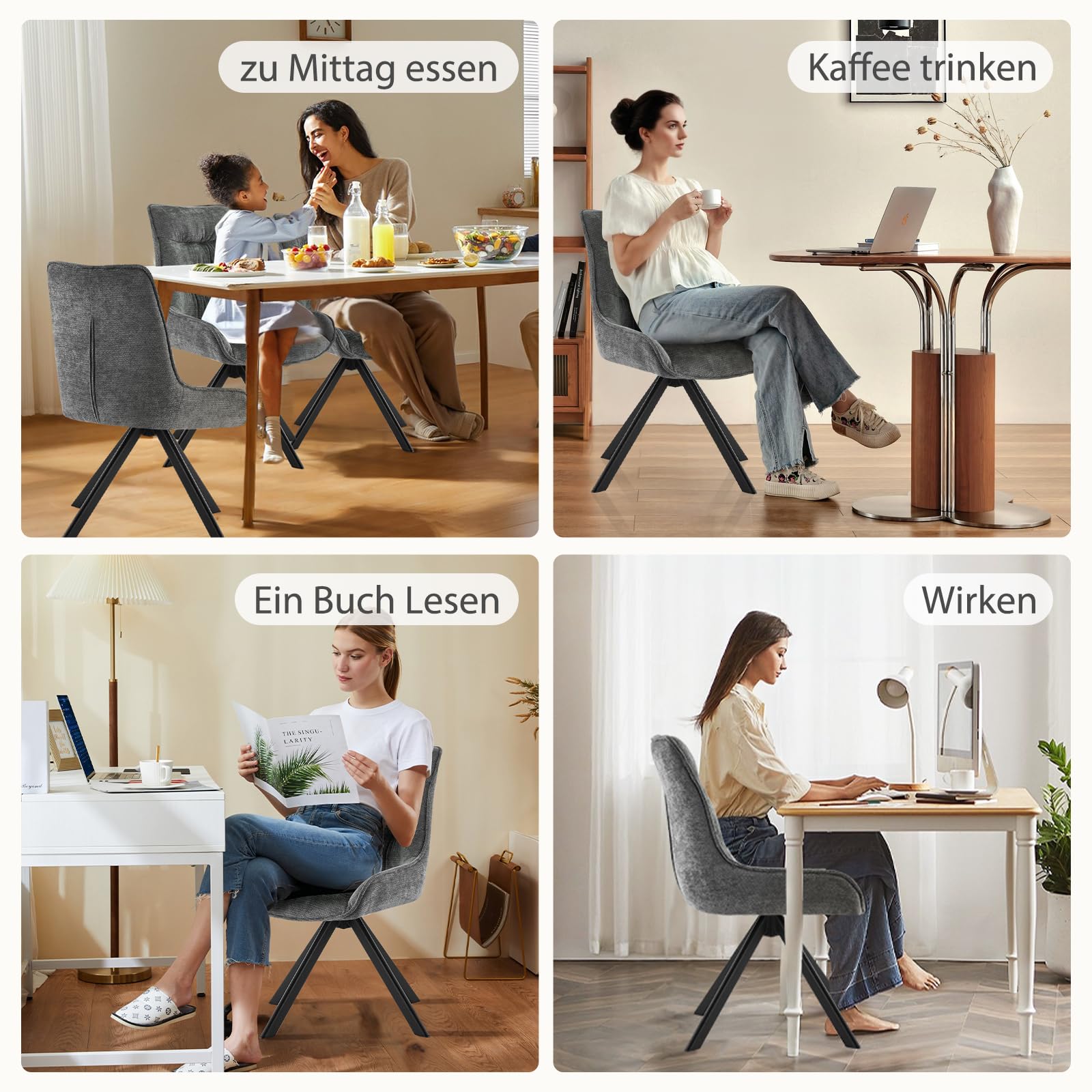 Drehstuhl Esszimmer, 4er Set 360° Drehbar Esszimmerstuhl, Küchenstuhl, Polsterstuhl aus Chenille, Schminkstuhl mit Hoher Rückenlehne und Metallbeine für Esszimmer Küche Büro, Dunkelgrau