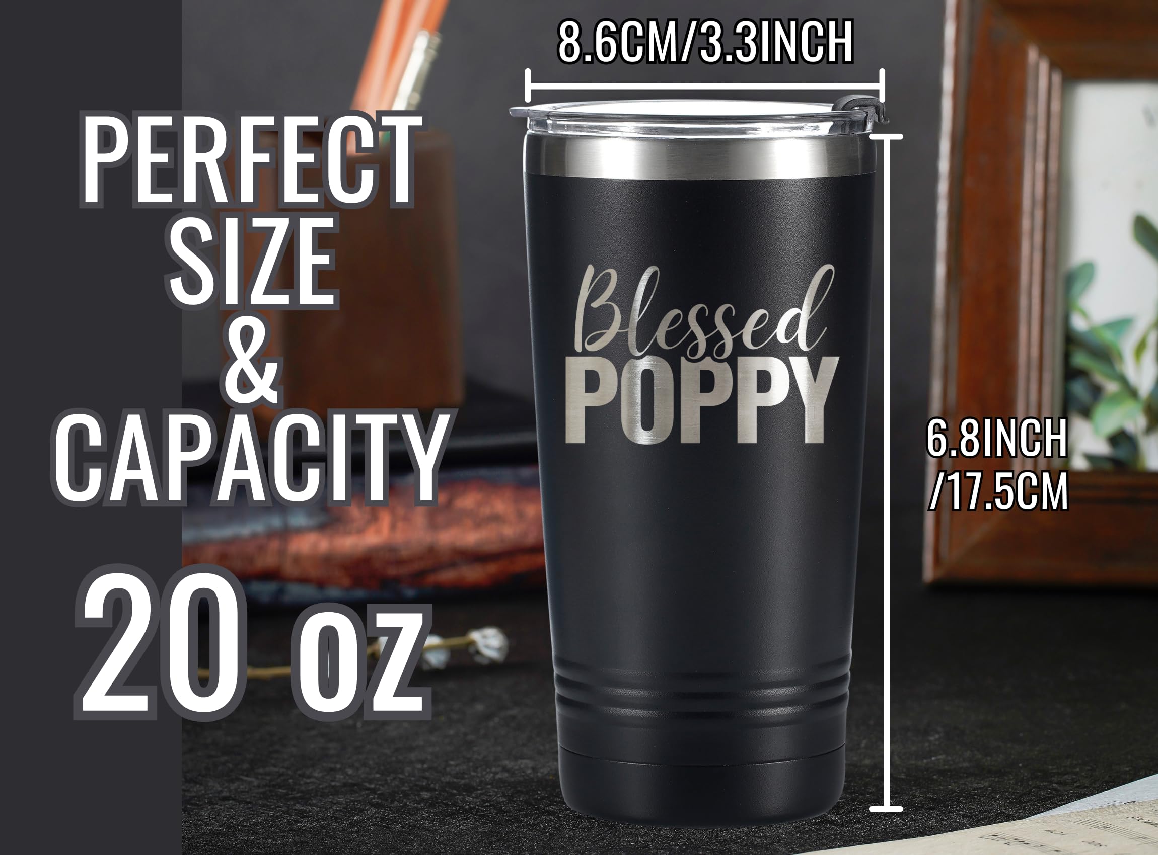 Onebttl Poppy Gifts, Grandpa Gifts from Grandchildren, Father's Day Gifts for Poppy, Laser Engraved Design, 20oz/590ml, Stainless Steel Tumbler with Straw & Lid, Black - Blessed Poppy