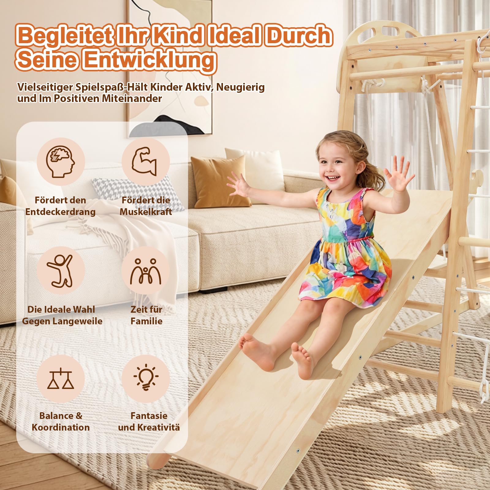 Klettergerüst Indoor ab 1 Jahr Mini&Klappbar 10 in 1 Montessori Indoor Spielplatz Kinder – Kletterturm aus Holz mit Tafel, Rutsche, Kletterwand, Kletternetz, Schaukel & Schwebendes Balancierholz