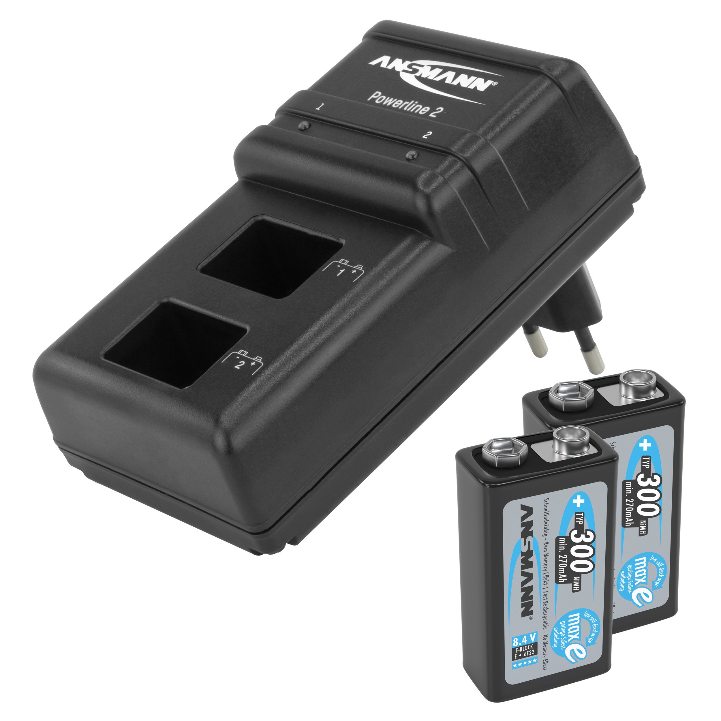 ANSMANN Chargeur Powerline 2 / Chargeur enfichable puissant pour deux accus 9V / charge rapide avec surveillance de chaque plot de charge, protection contre la surcharge et affichage LED / livré avec 2 accus 300mAh