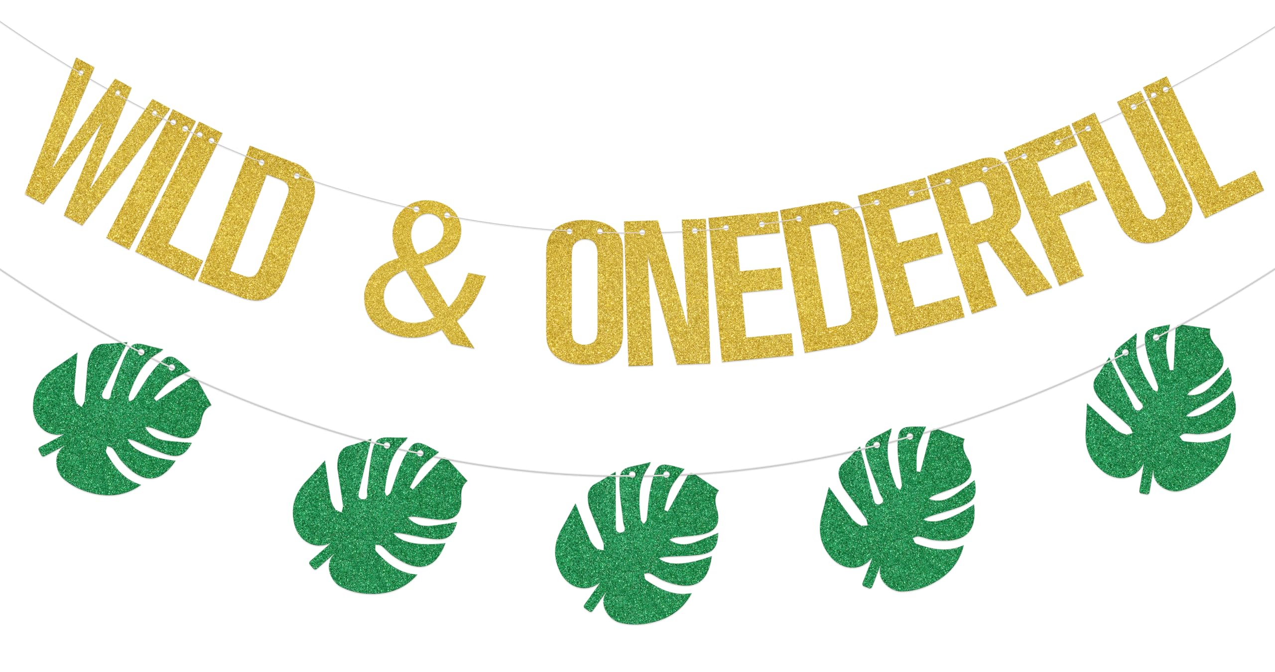 Wild & Onederful Banner,Safari Animal Palm First Birthday Party Decoration,Jungle Animal Baby Shower 1st Birthday Party Supplies Gold Green Double-Sided